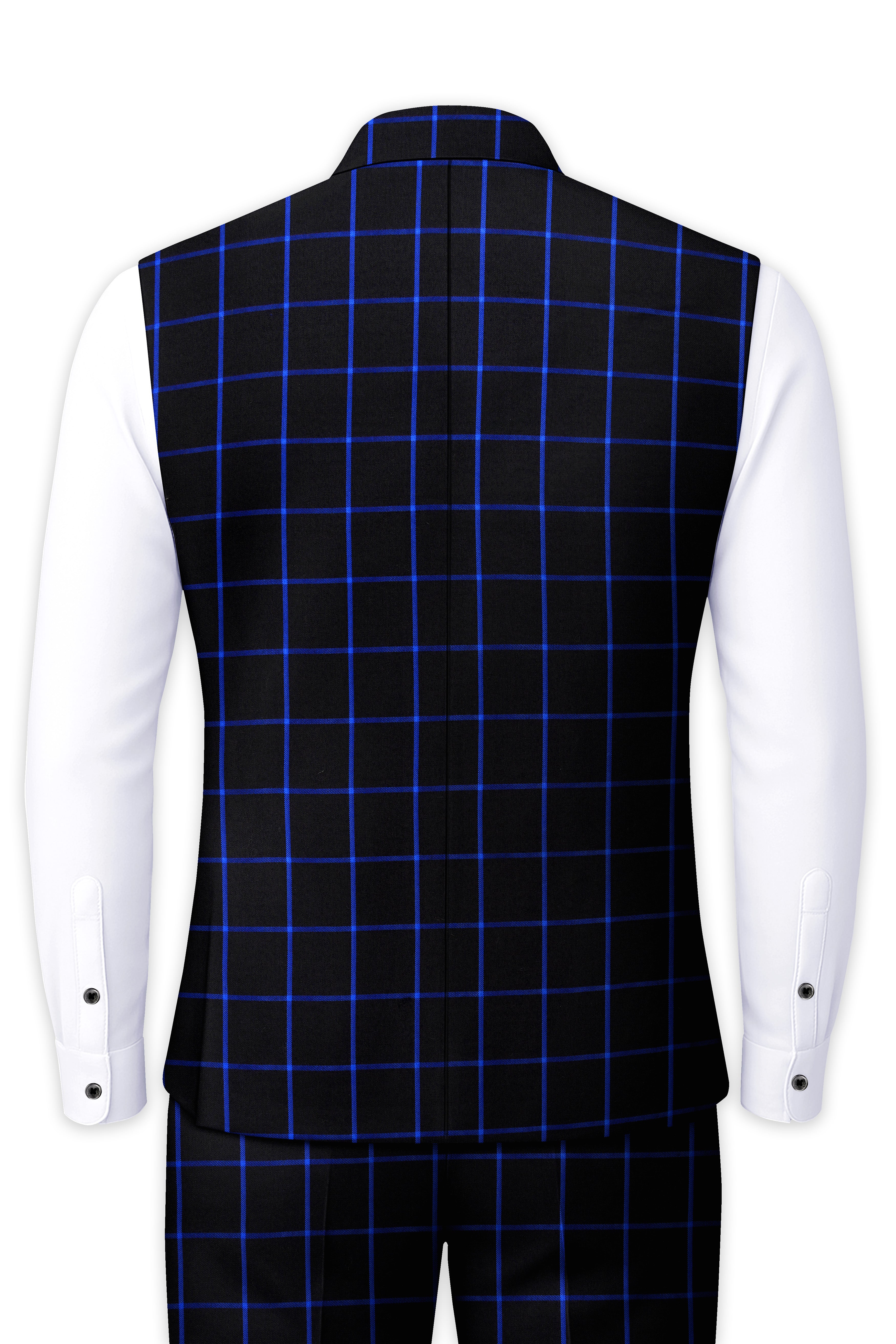 Panevoro-Jade Black With Cerulean Blue Windowpane Wool Rich Nehru Jacket