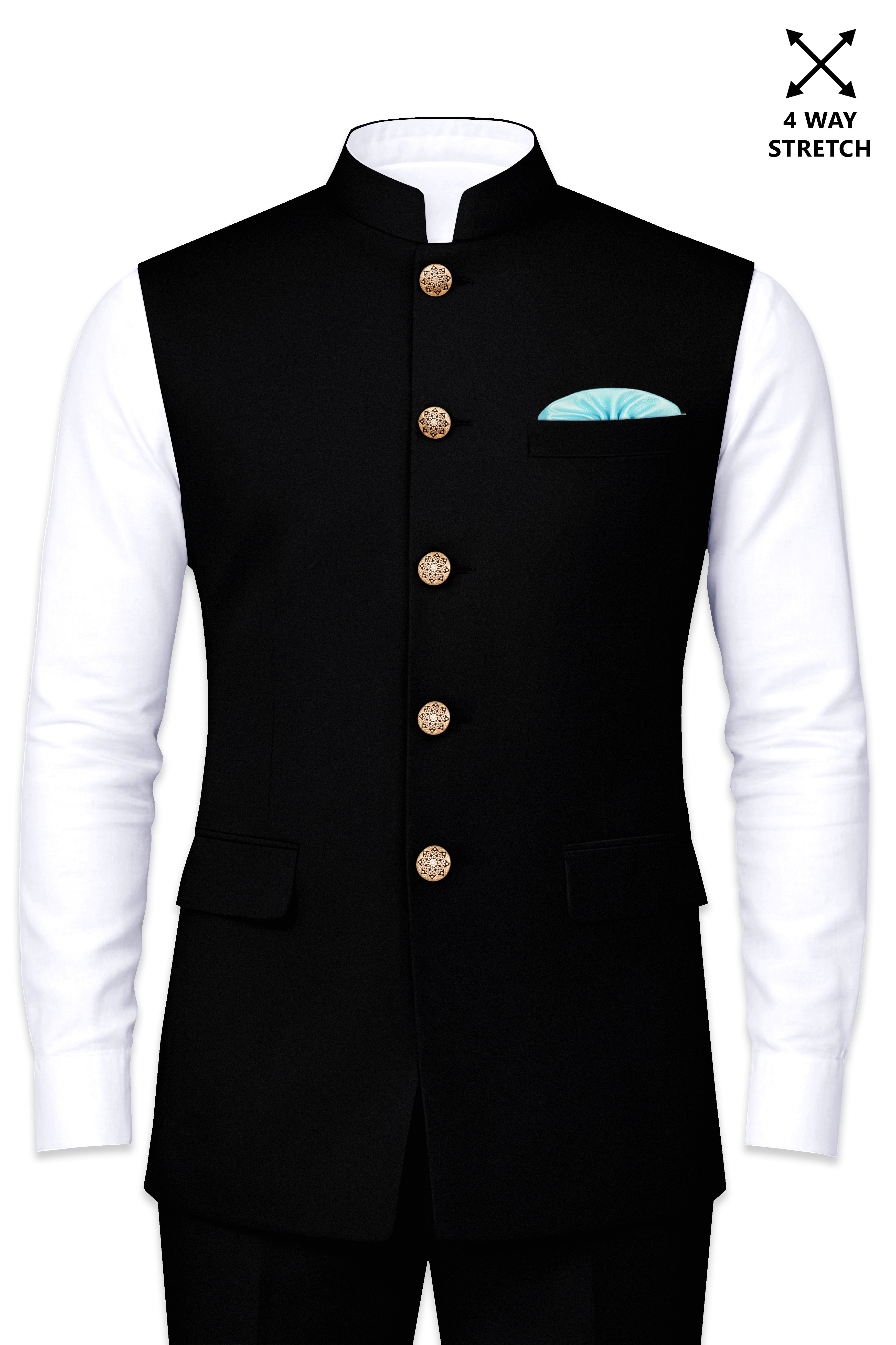 Kuro-Japanese Jade Black 4-Way Stretch Wrinkle-Free Wool Rich Nehru Jacket