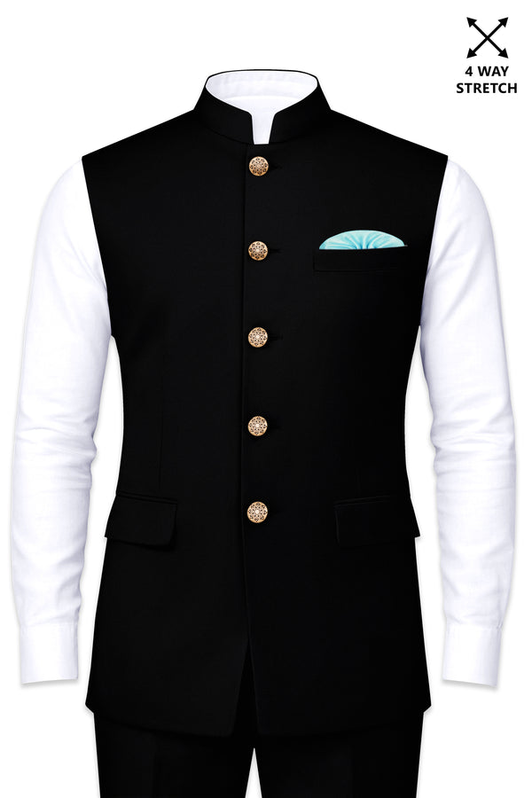 Kuro-Japanese Jade Black 4-Way Stretch Wrinkle-Free Wool Rich Nehru Jacket