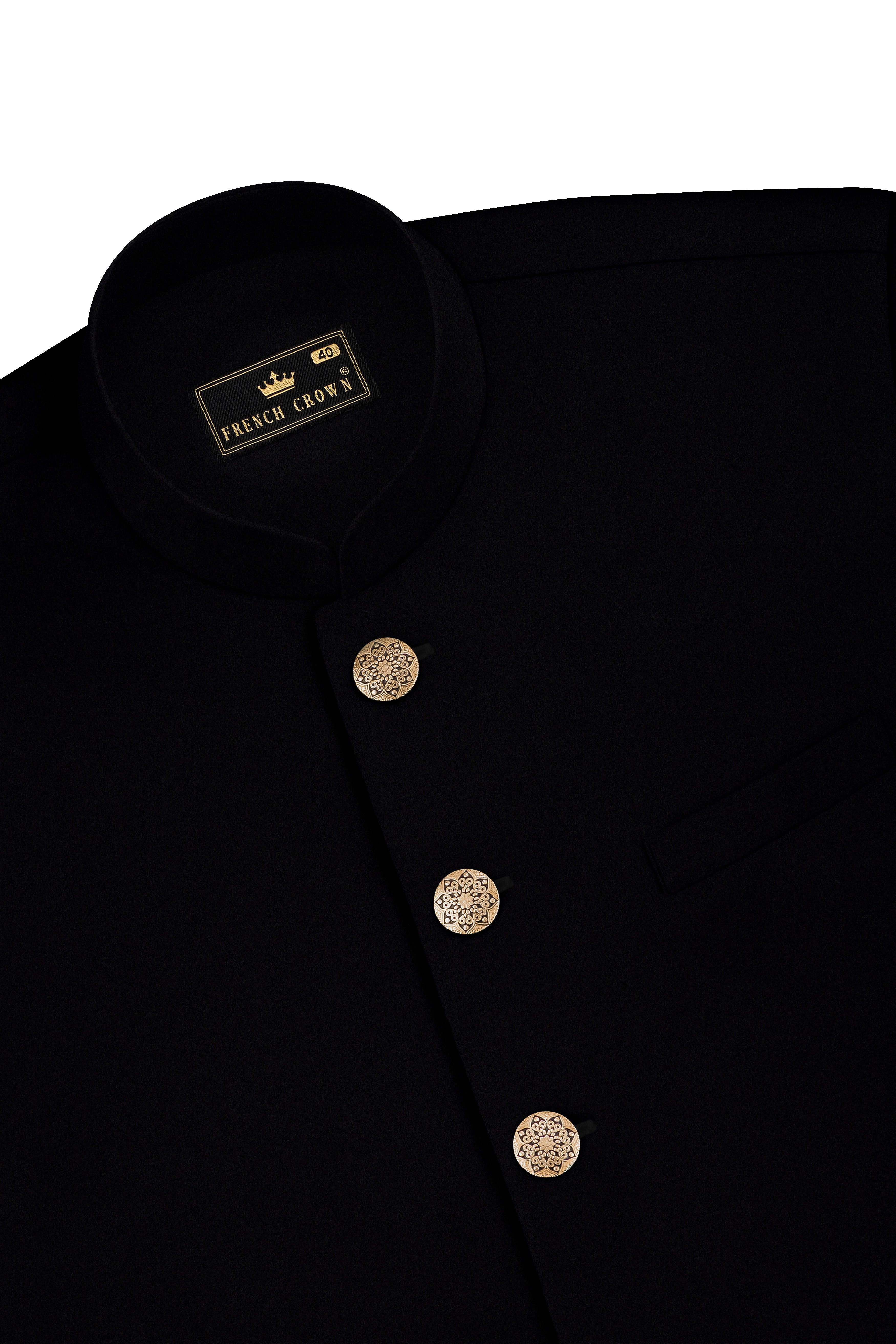 Kuro-Japanese Jade Black 4-Way Stretch Wrinkle-Free Wool Rich Nehru Jacket
