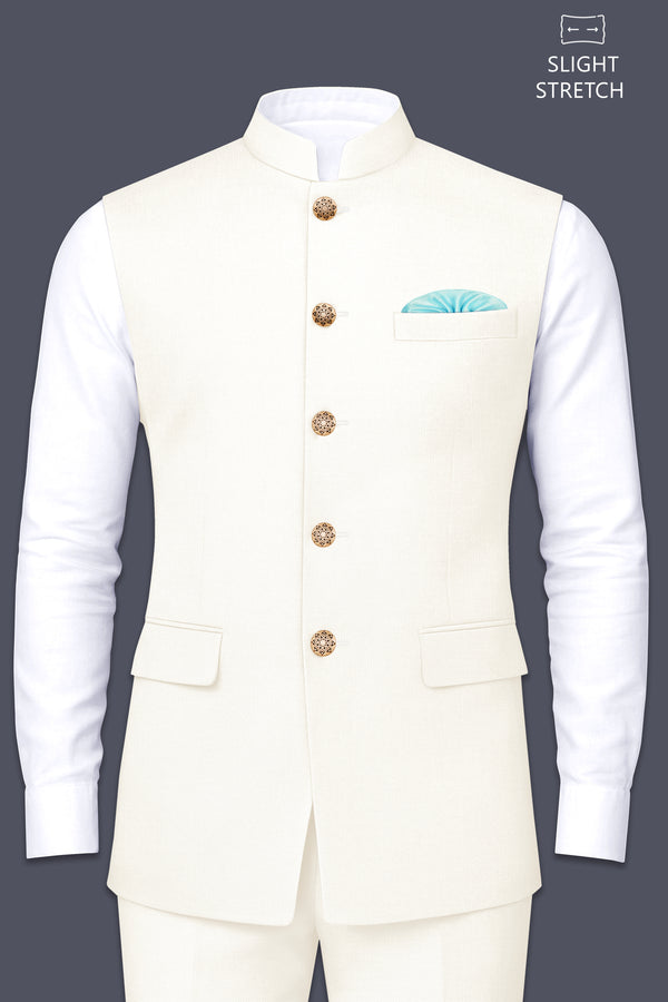 Ivory-Cararra Cream Wool Rich Slight Stretch Nehru Jacket