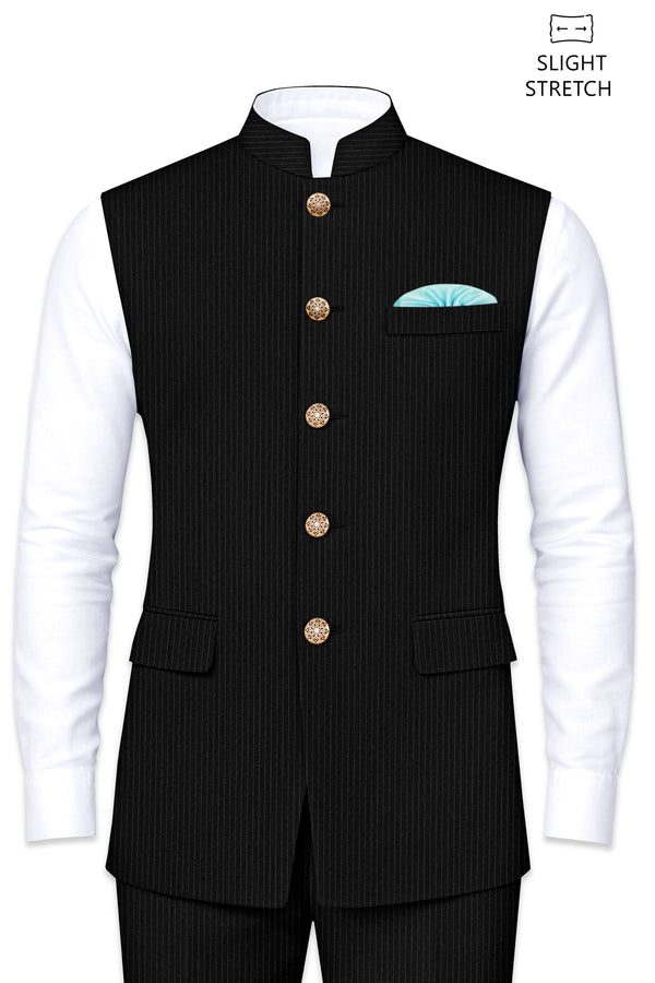 Aurejax-Jade Black Pencil Striped Wool Rich Slight Stretch Nehru Jacket