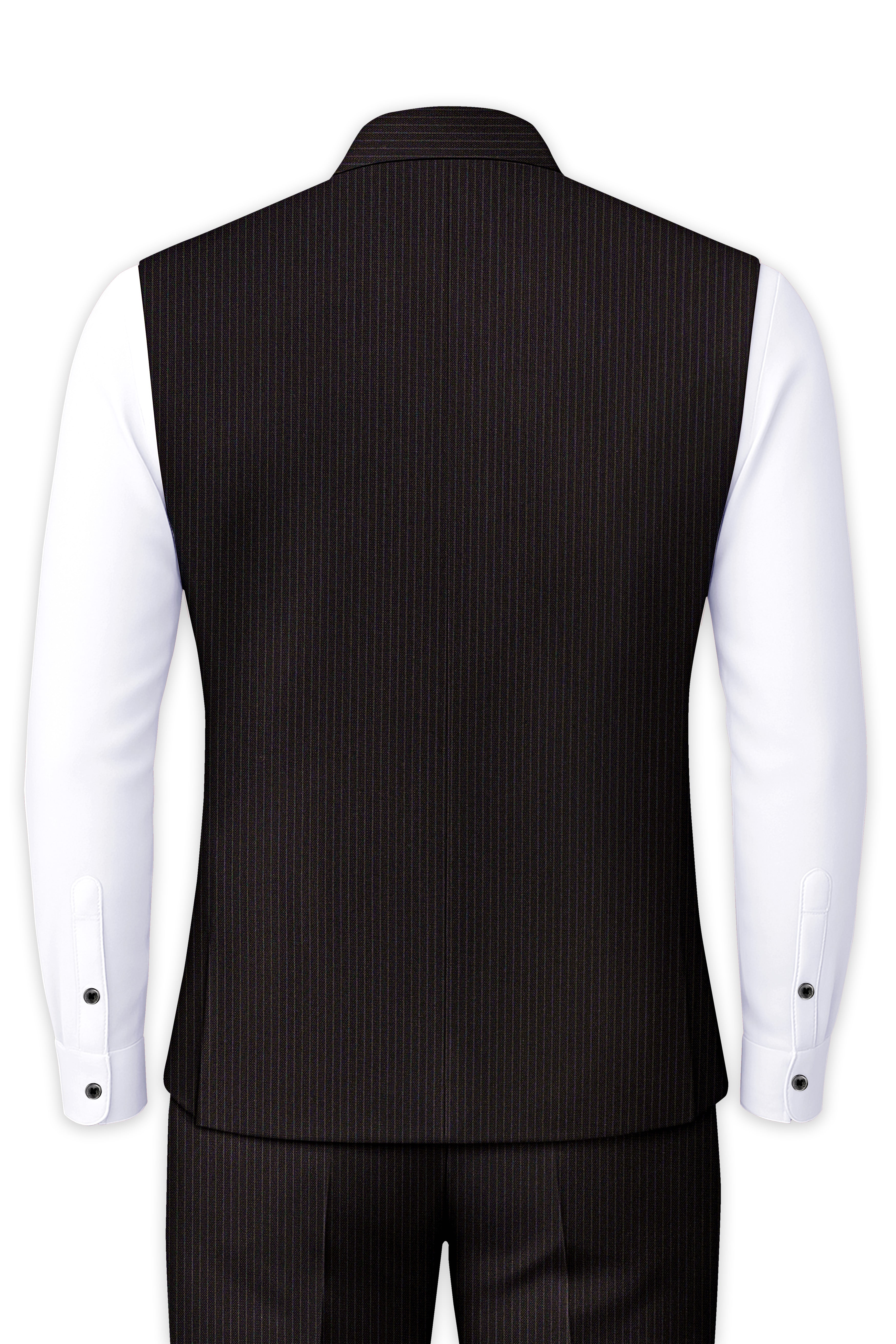 Imperio-Umber Brown Pencil Striped Wool Rich Slight Stretch Nehru Jacket