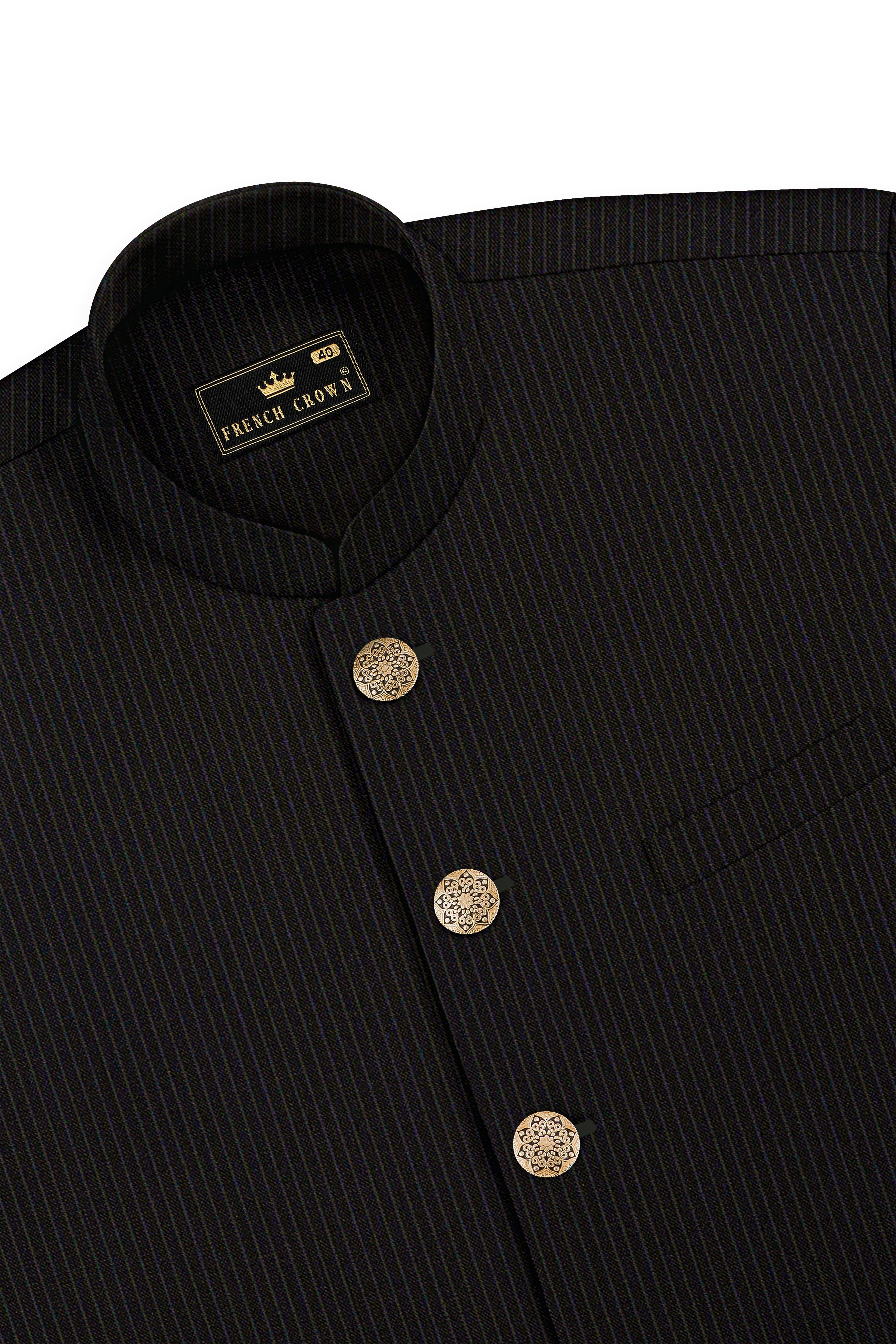 Imperio-Umber Brown Pencil Striped Wool Rich Slight Stretch Nehru Jacket