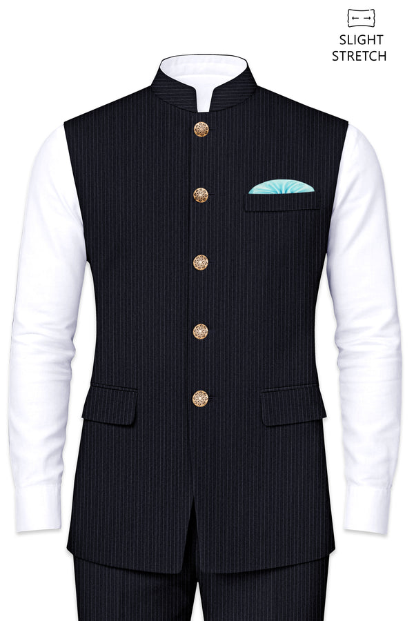 Cosmire-Space Blue Pencil Striped Wool Rich Slight Stretch Nehru Jacket