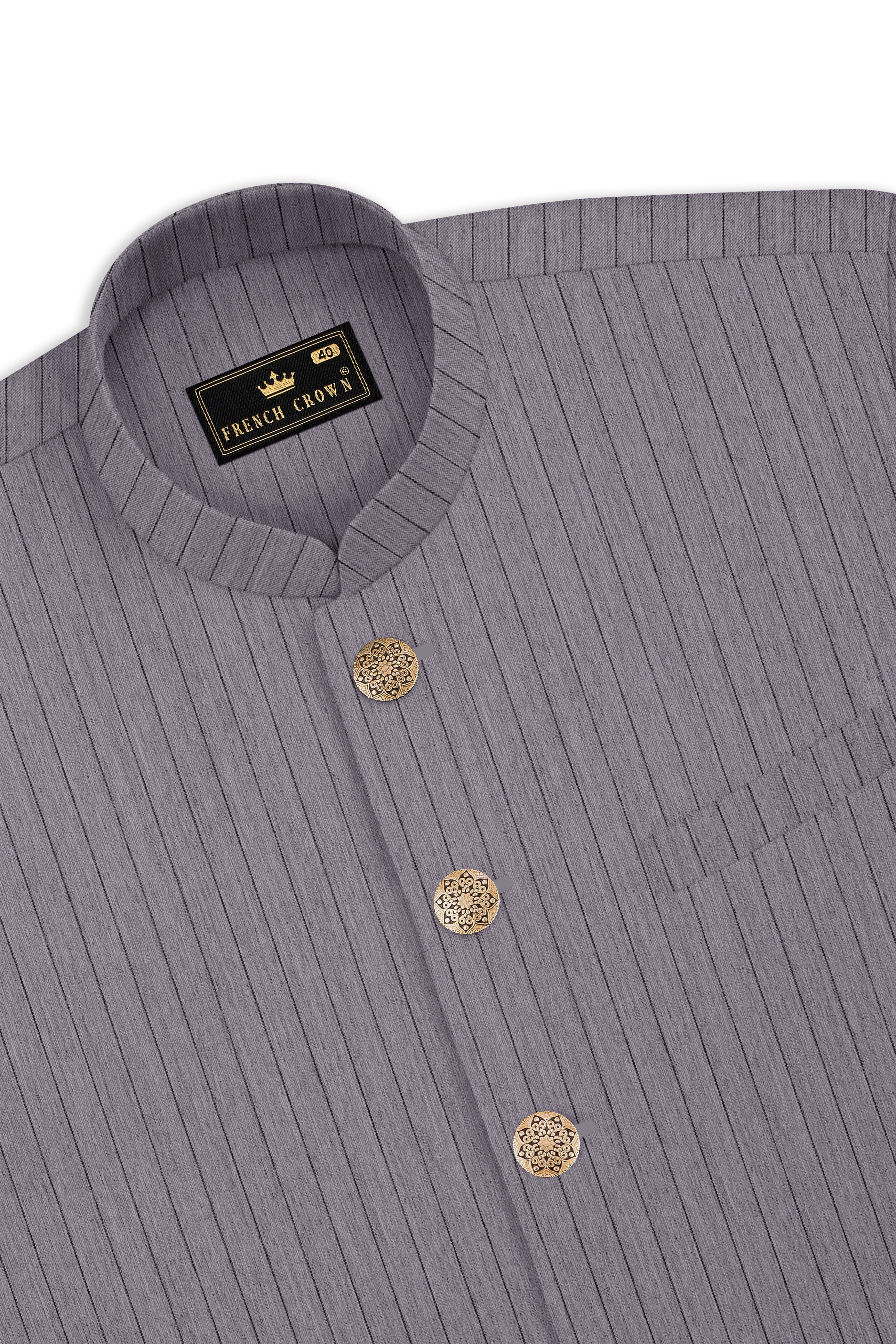 Velmoro-Mauve Gray Pin Striped Wool Rich Slight Stretch Nehru Jacket