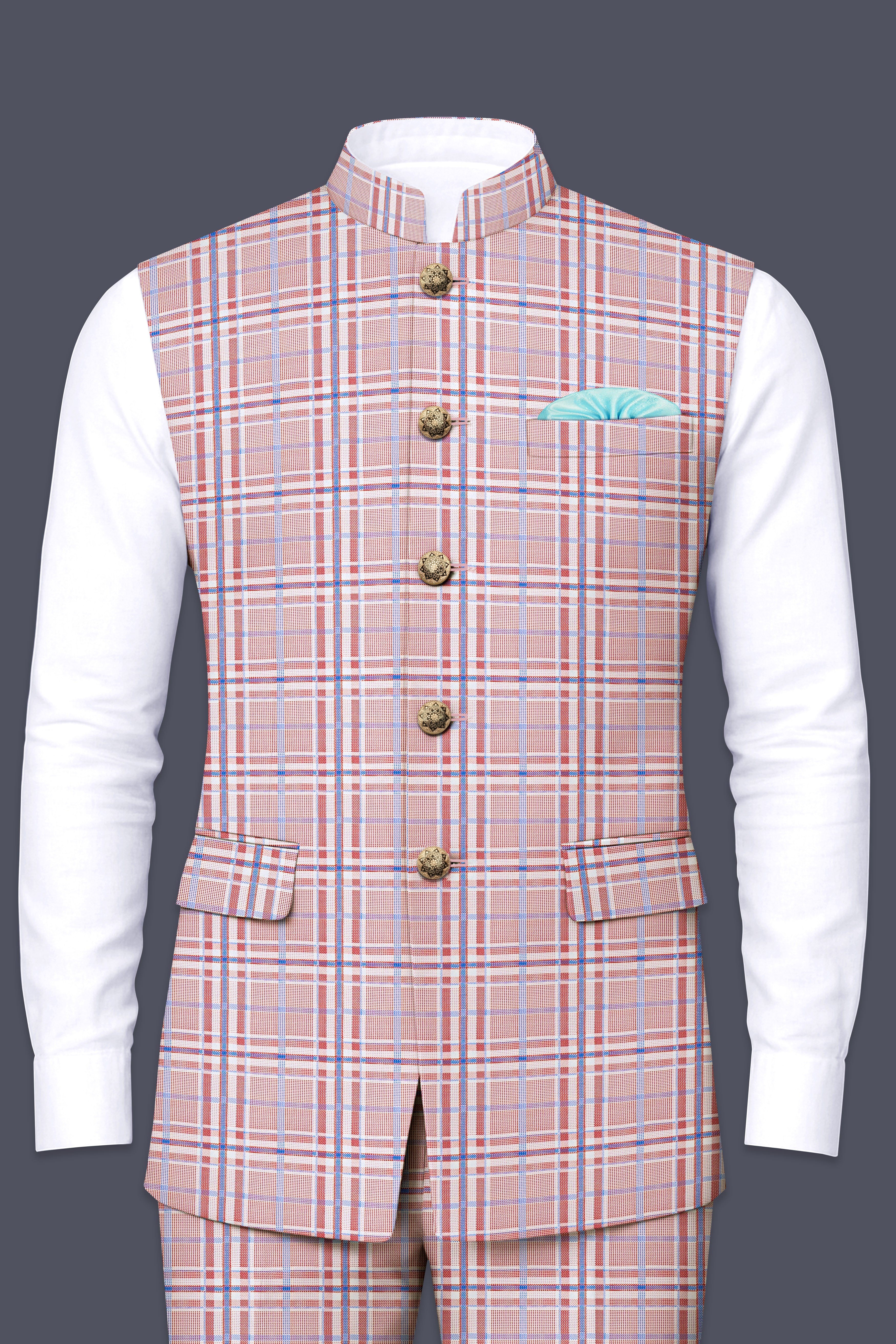 Velour-Turkish Rose Pink And Wild Blue Plaid Wool Rich Nehru Jacket
