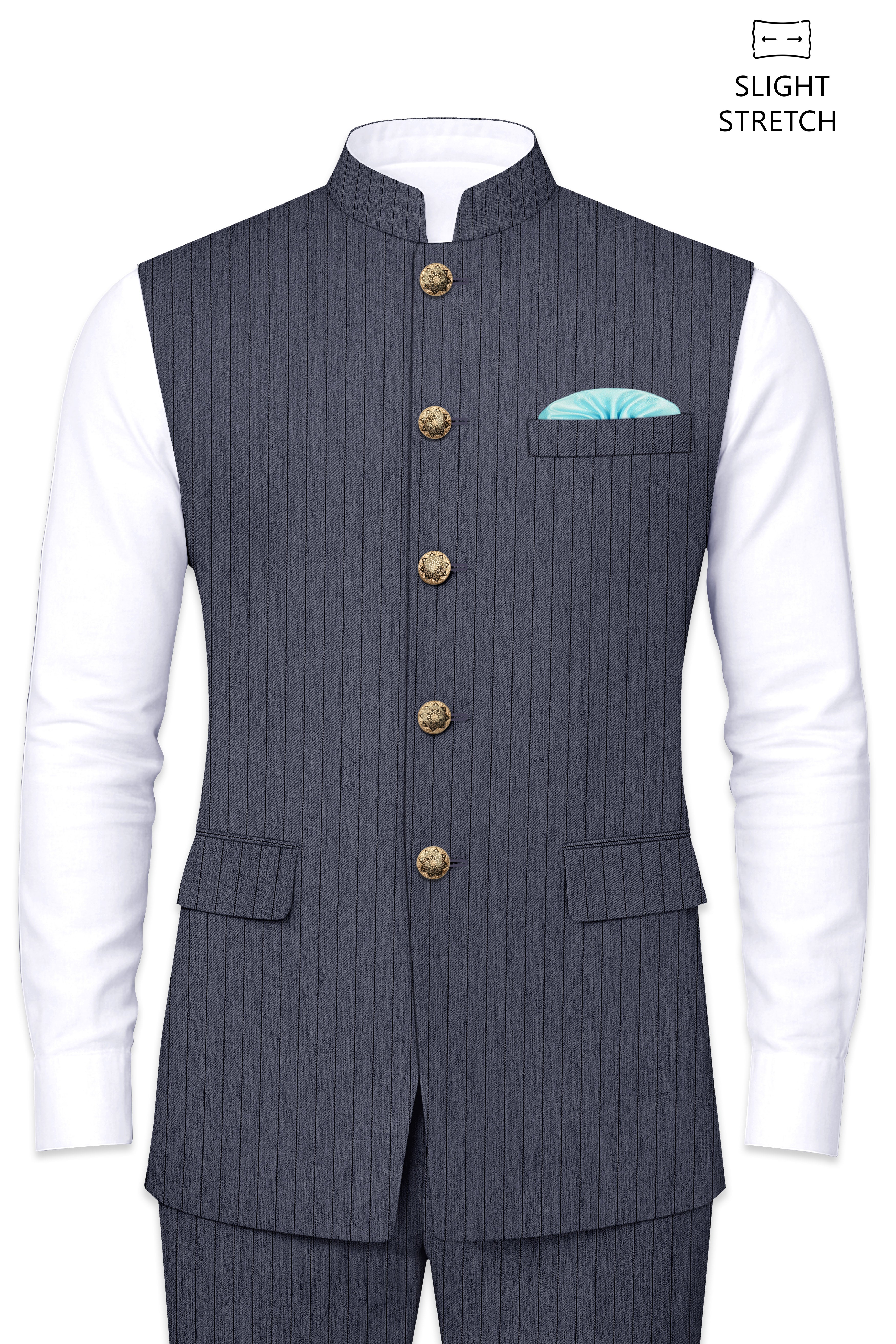 Azurion-Ninja Blue Pin Striped Premium Wool Rich Nehru Jacket For Men.