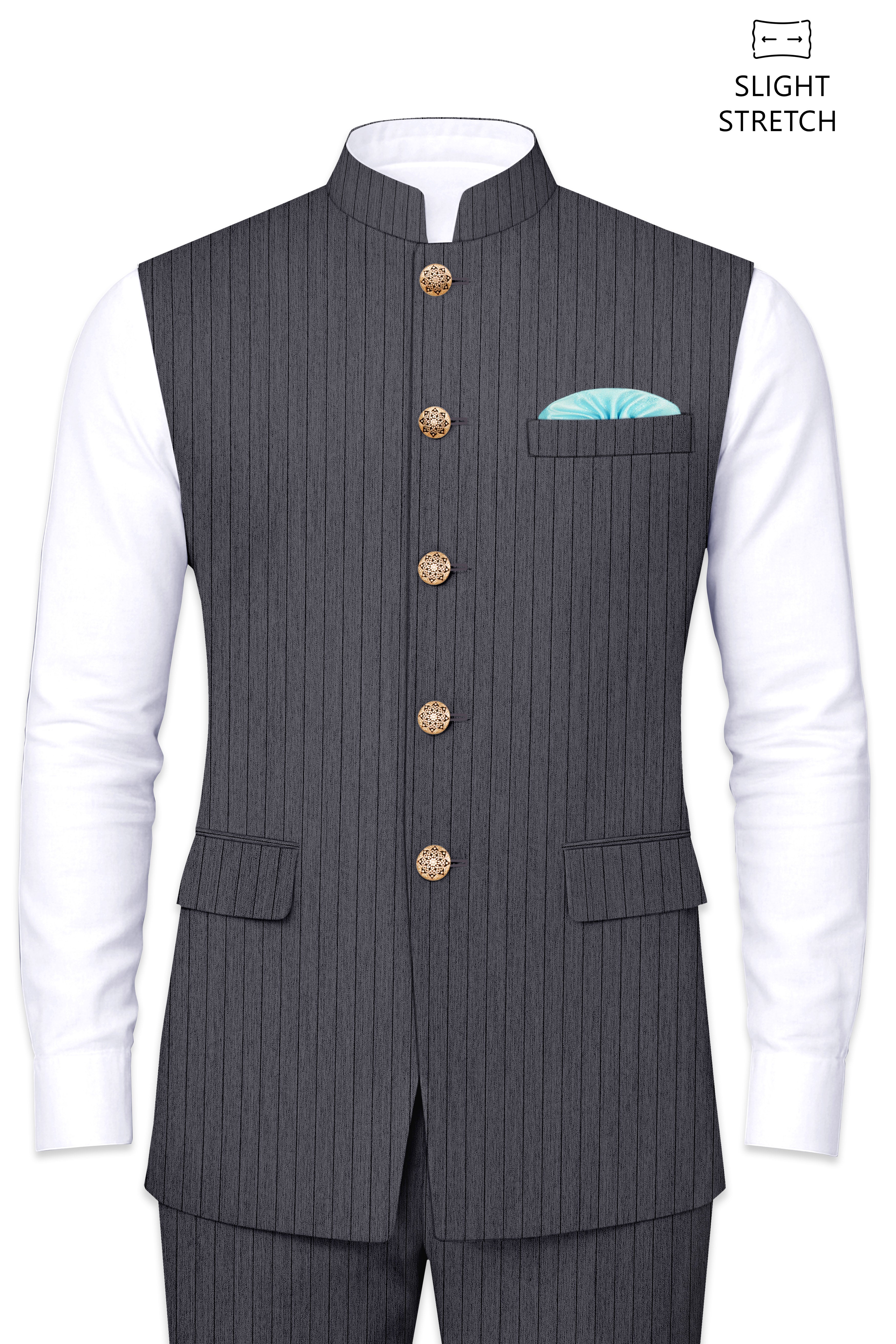 Noctaro-Vampire Gray Pin Striped Wool Rich Slight Stretch Nehru Jacket