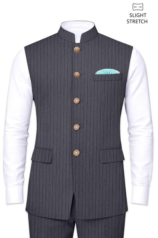 Noctaro-Vampire Gray Pin Striped Wool Rich Slight Stretch Nehru Jacket