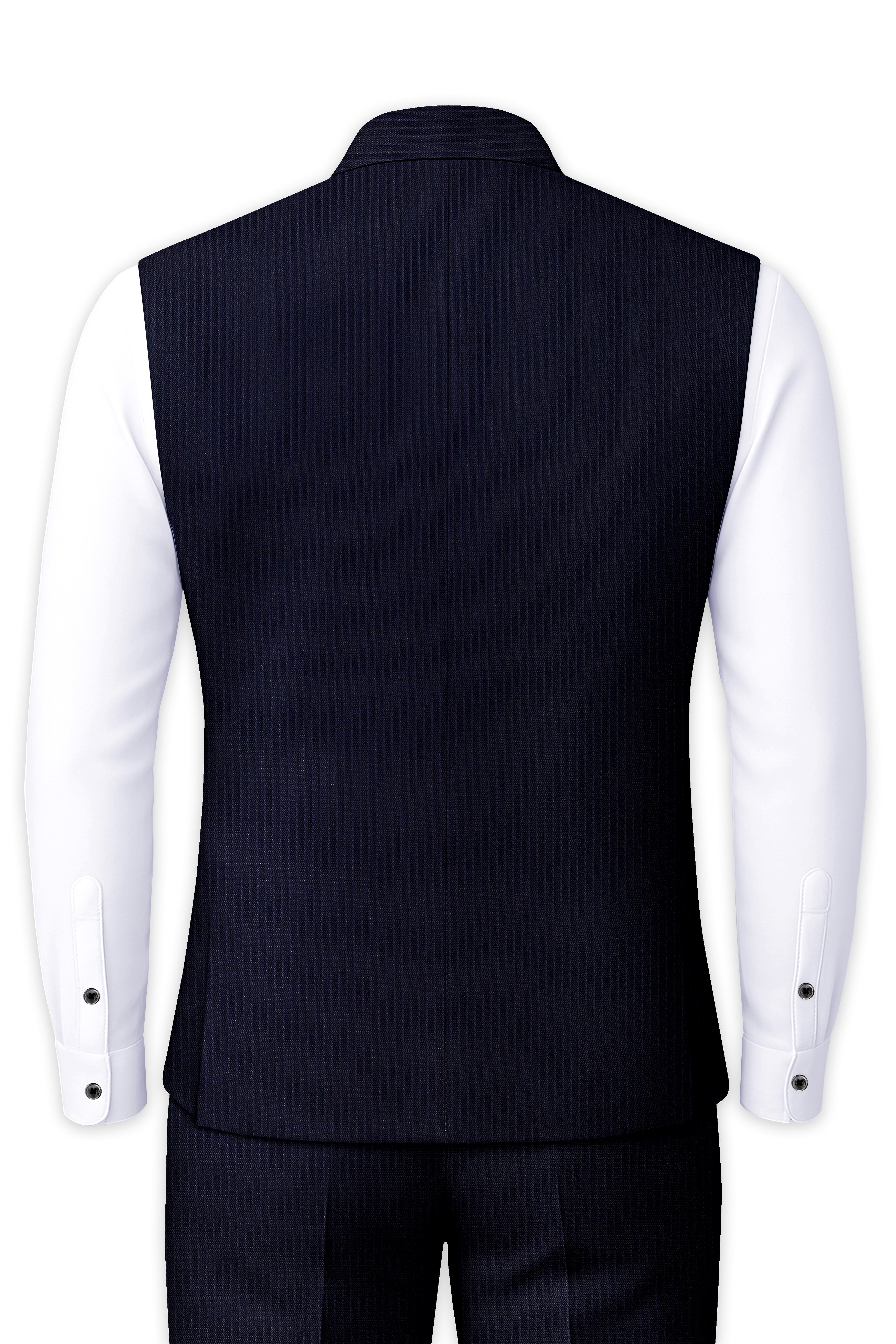 Elion-Bunker Blue Pencil Striped Wool Rich Slight Stretch Nehru Jacket