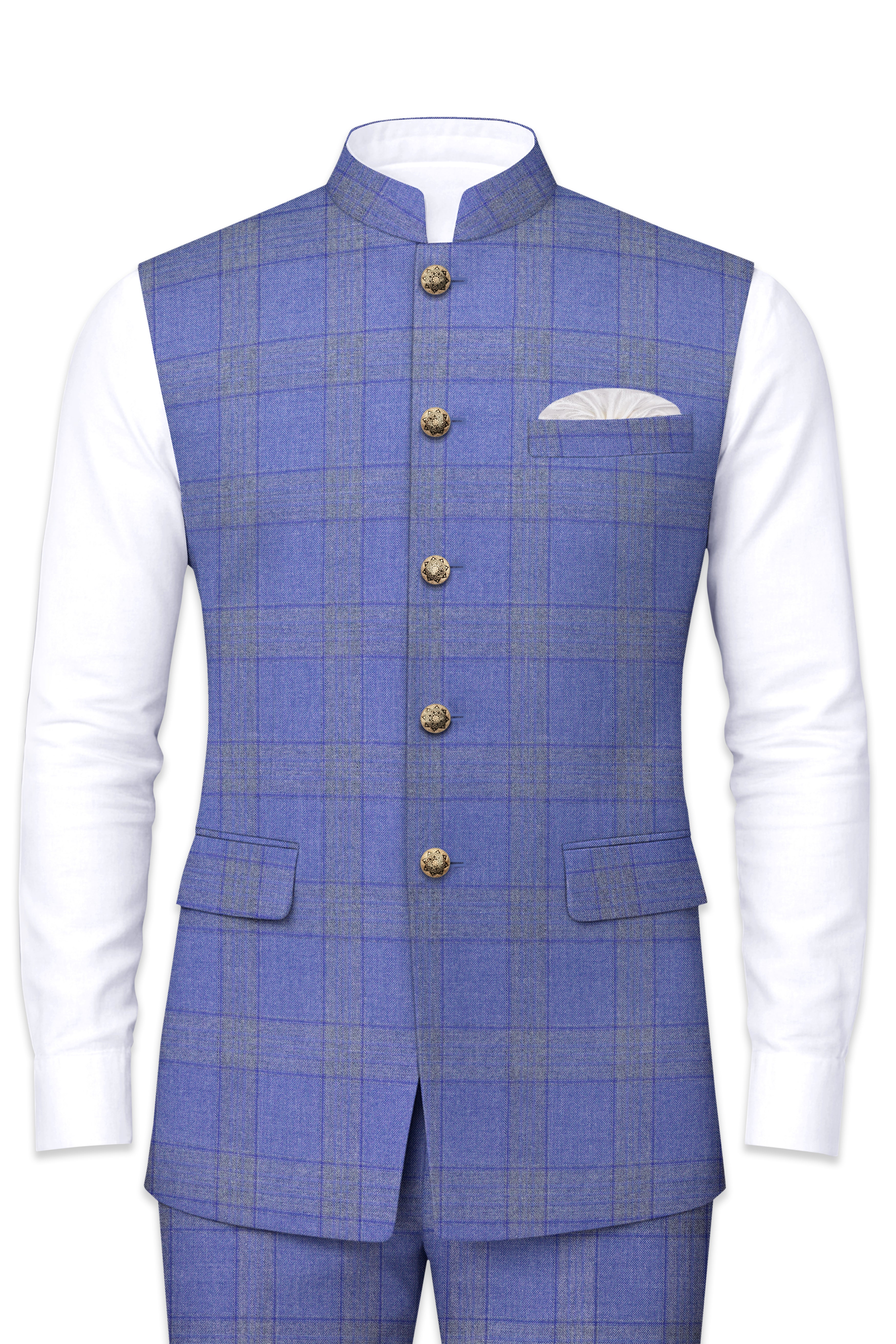 Cobalt-Scampi Blue Plaid Wool Rich Nehru Jackets