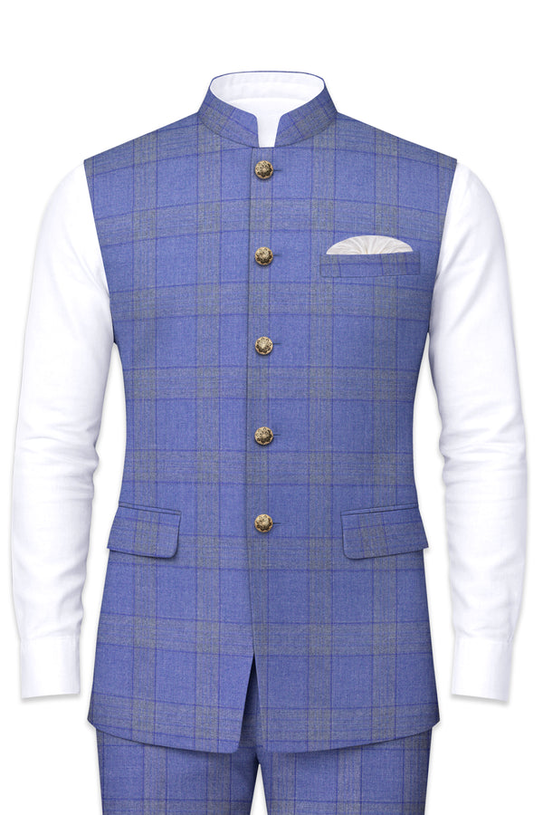 Cobalt-Scampi Blue Plaid Wool Rich Nehru Jackets