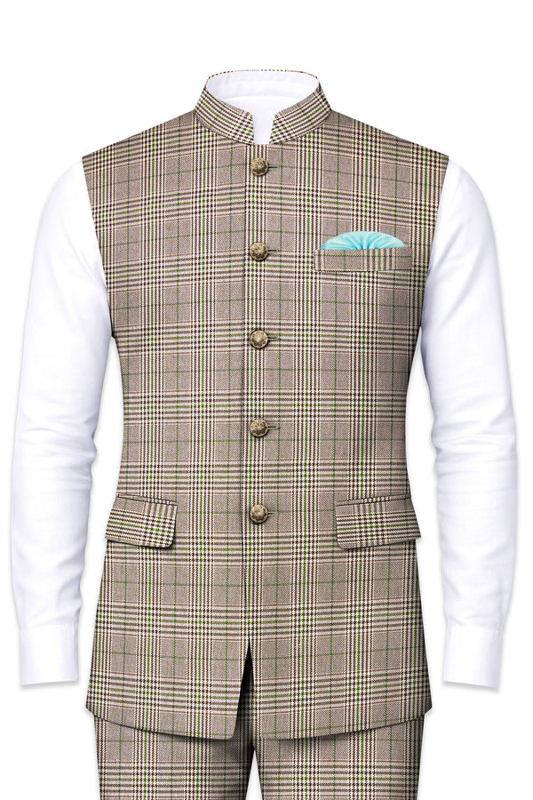 Nawab-Tundora Brown Plaid Wool Rich Nehru Jackets
