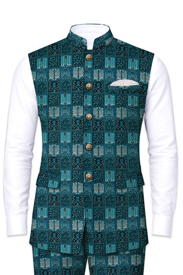 Zenith-Astronaut Blue Geometric Mosaic Printed Wool Rich Nehru Jackets