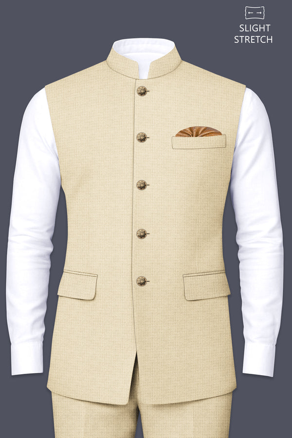 Alabaster-Vanilla Cream Diamond Textured Wool Rich Slight Stretch Nehru Jackets