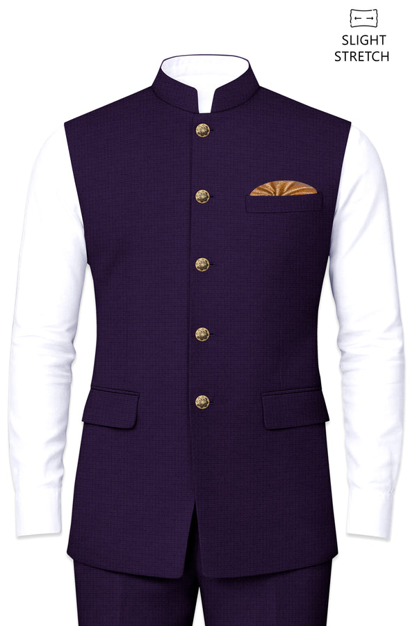Mauve-Cedar Purple Diamond Textured Wool Rich Slight Stretch Nehru Jackets