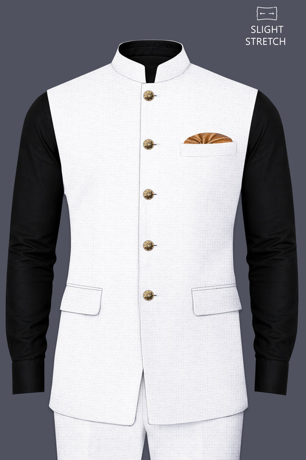 Porcelain-Bright White Diamond Textured Wool Rich Slight Stretch Nehru Jackets