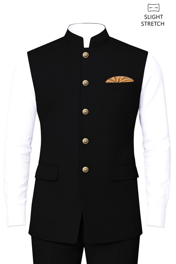 Obsidian-Jade Black Diamond Textured Wool Rich Slight Stretch Nehru Jackets