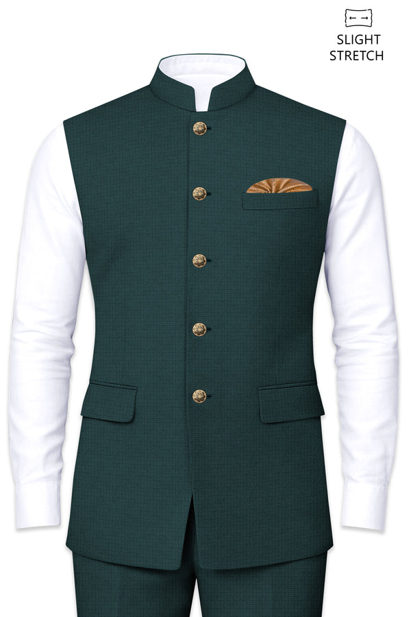 Facet-Dianne Green Diamond Textured Wool Rich Slight Stretch Nehru Jackets