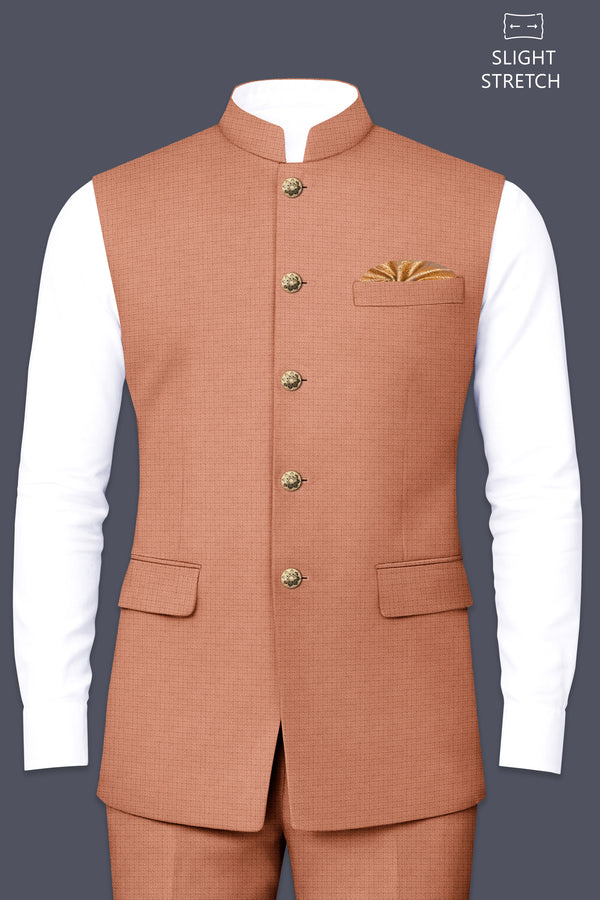 Terracotta-Salmon Brown Diamond Textured Wool Rich Slight Stretch Nehru Jackets