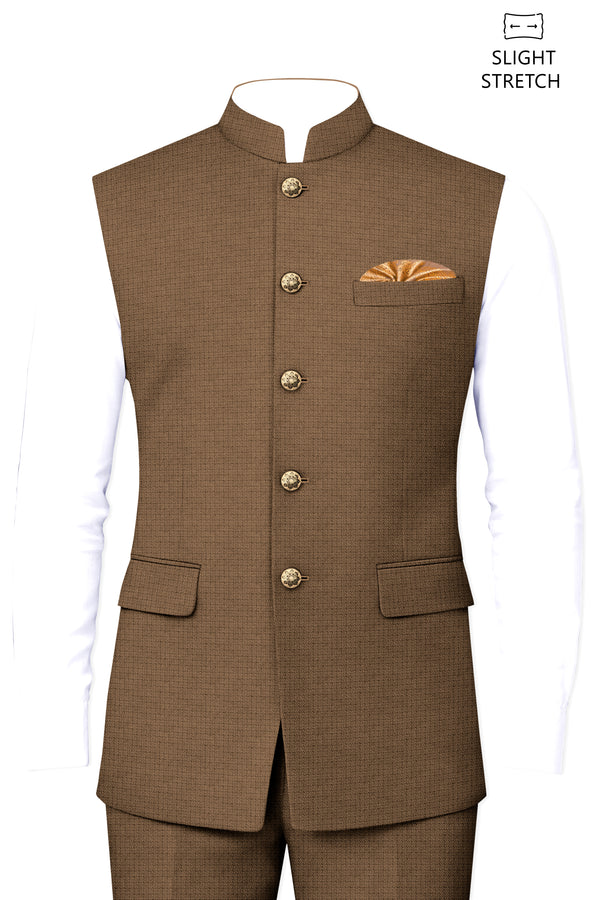 Cordovan-Mondo Brown Diamond Textured Wool Rich Slight Stretch Nehru Jackets