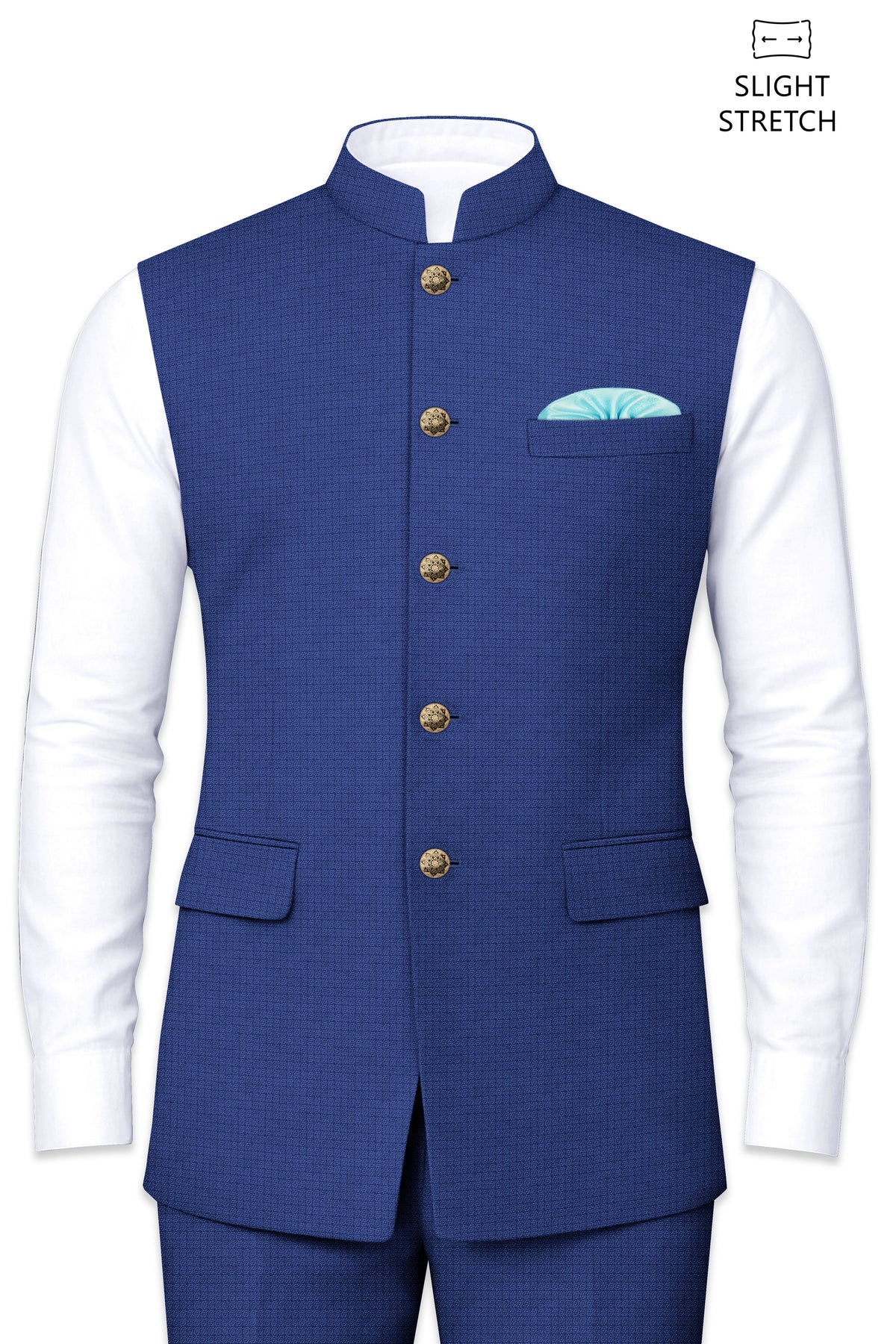 Aurelio-Chambray Blue Diamond Textured Wool Rich Slight Stretch Nehru Jackets