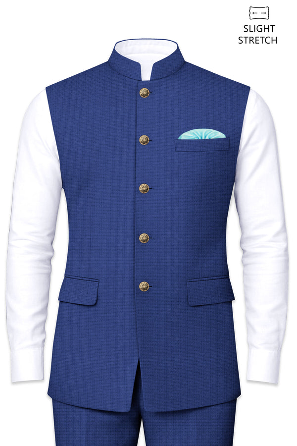 Aurelio-Chambray Blue Diamond Textured Wool Rich Slight Stretch Nehru Jackets