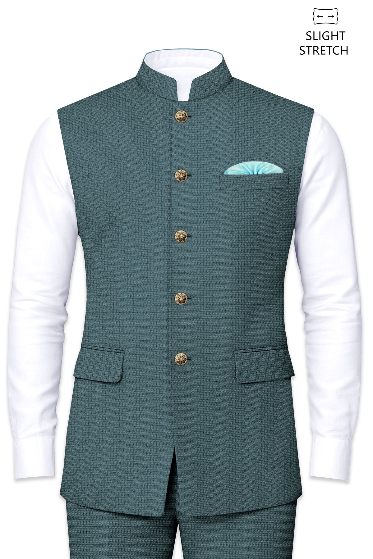 Viridian-Beetle Green Diamond Textured Wool Rich Slight Stretch Nehru Jackets