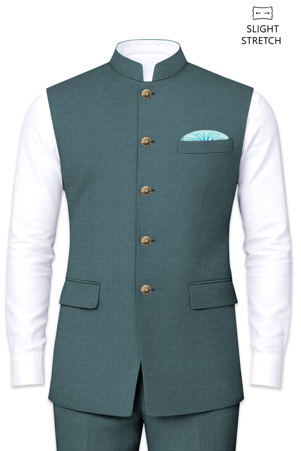 Viridian-Beetle Green Diamond Textured Wool Rich Slight Stretch Nehru Jackets