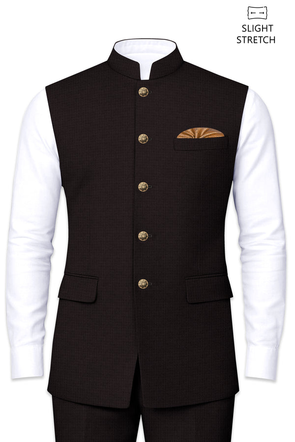 Regency-Cocoa Brown Diamond Textured Wool Rich Slight Stretch Nehru Jackets