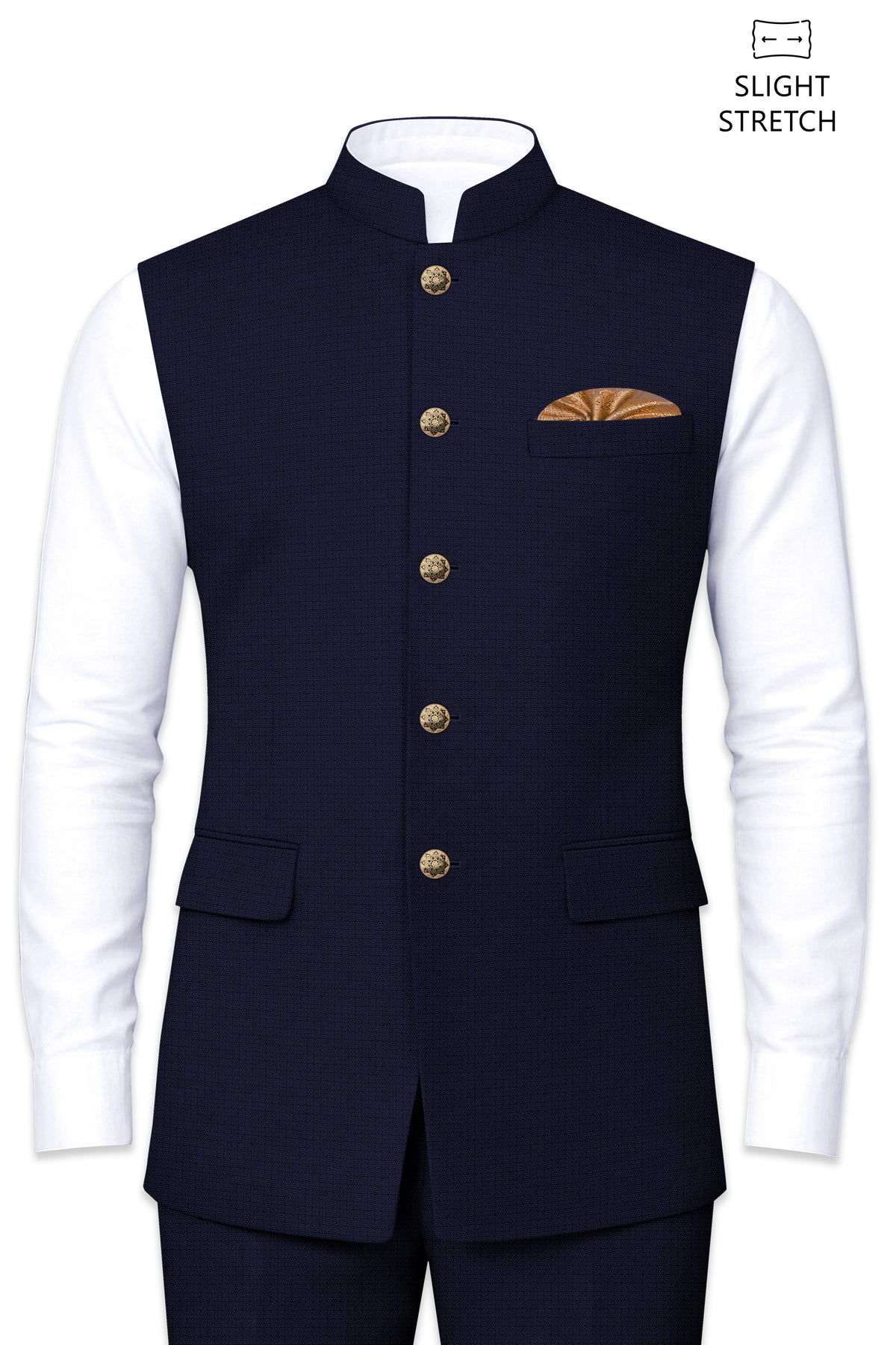 Nocturne-Mirage Navy Diamond Textured Wool Rich Slight Stretch Nehru Jackets
