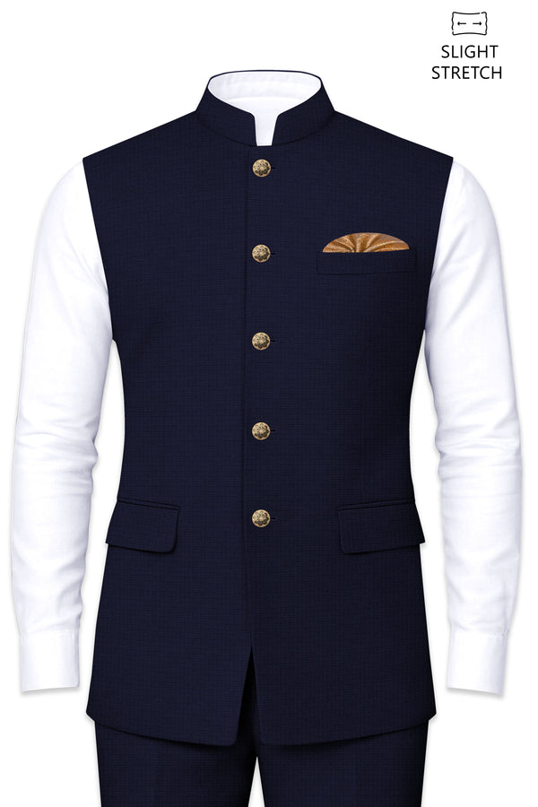 Nocturne-Mirage Navy Diamond Textured Wool Rich Slight Stretch Nehru Jackets