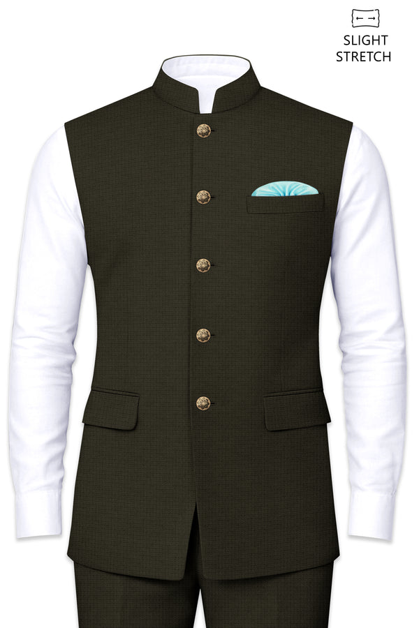 Prestige-Zeus Green Diamond Textured Wool Rich Slight Stretch Nehru Jackets
