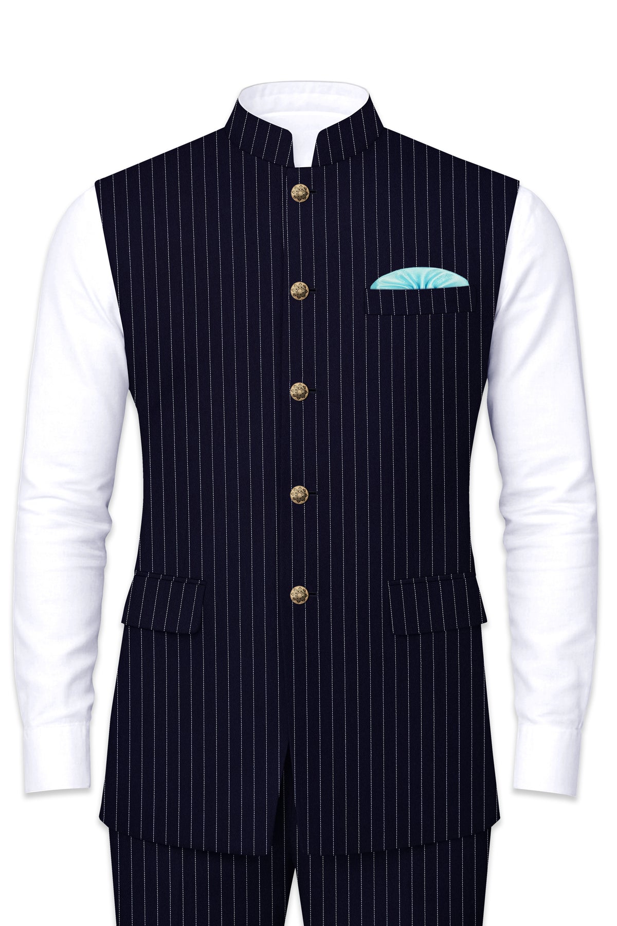 Mariner-Denim Blue And Bright White Chalk Striped Wool Rich Wrinkle-Free Fluid Drape Fabric Nehru Jackets