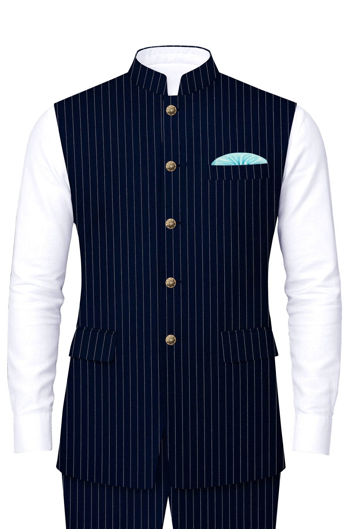 Zenith-Imperial Teal Green And Bright White Chalk Striped Wool Rich Wrinkle-Free Fluid Drape Fabric Nehru Jackets