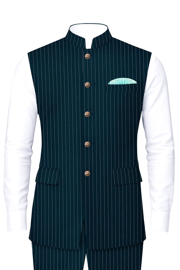 Zenith-Imperial Teal And Bright White Chalk Striped Wool Rich Wrinkle-Free Fluid Drape Fabric Nehru Jackets