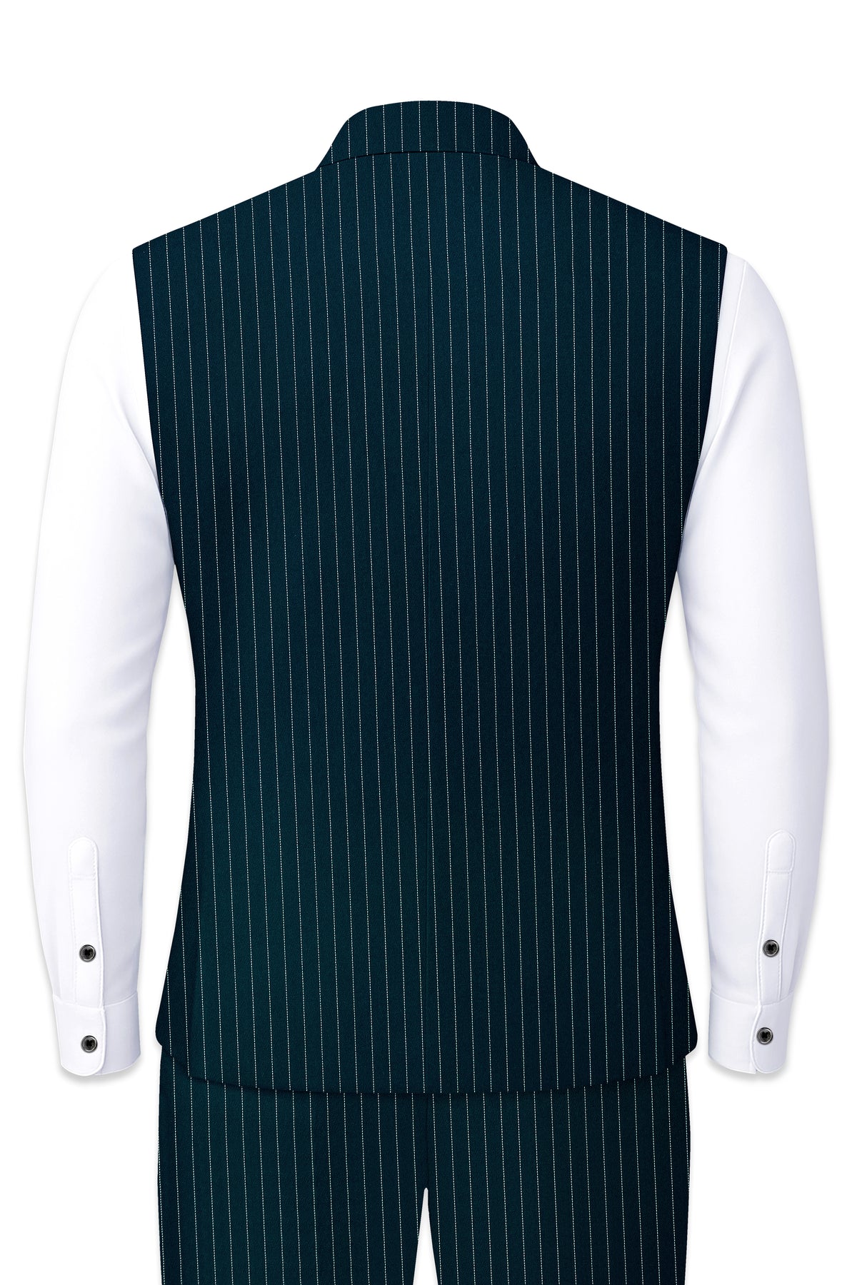 Zenith-Imperial Teal And Bright White Chalk Striped Wool Rich Wrinkle-Free Fluid Drape Fabric Nehru Jackets