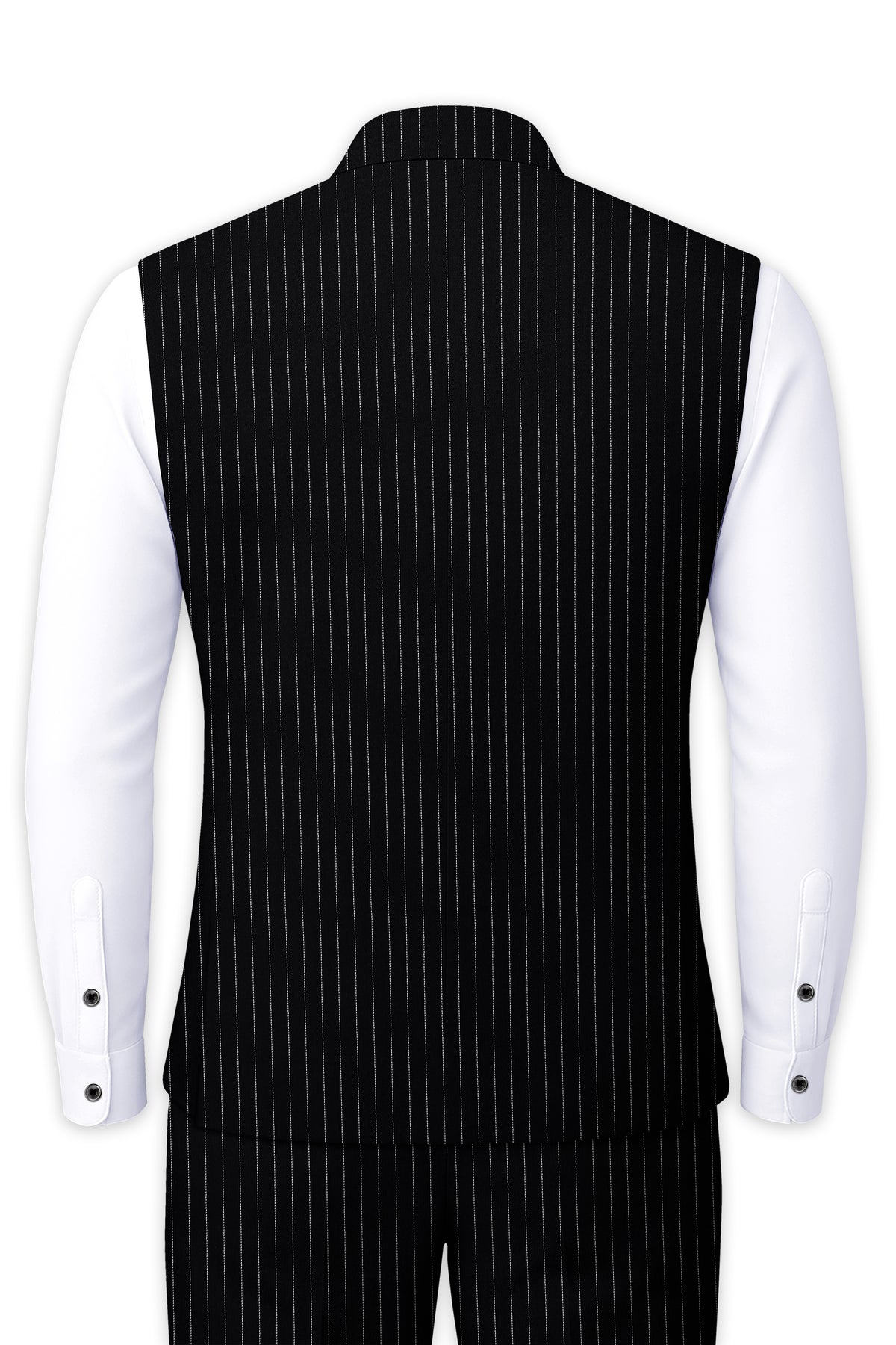 Gravitas-Jade Black And Bright White Chalk Striped Wool Rich Wrinkle-Free Fluid Drape Fabric Nehru Jackets