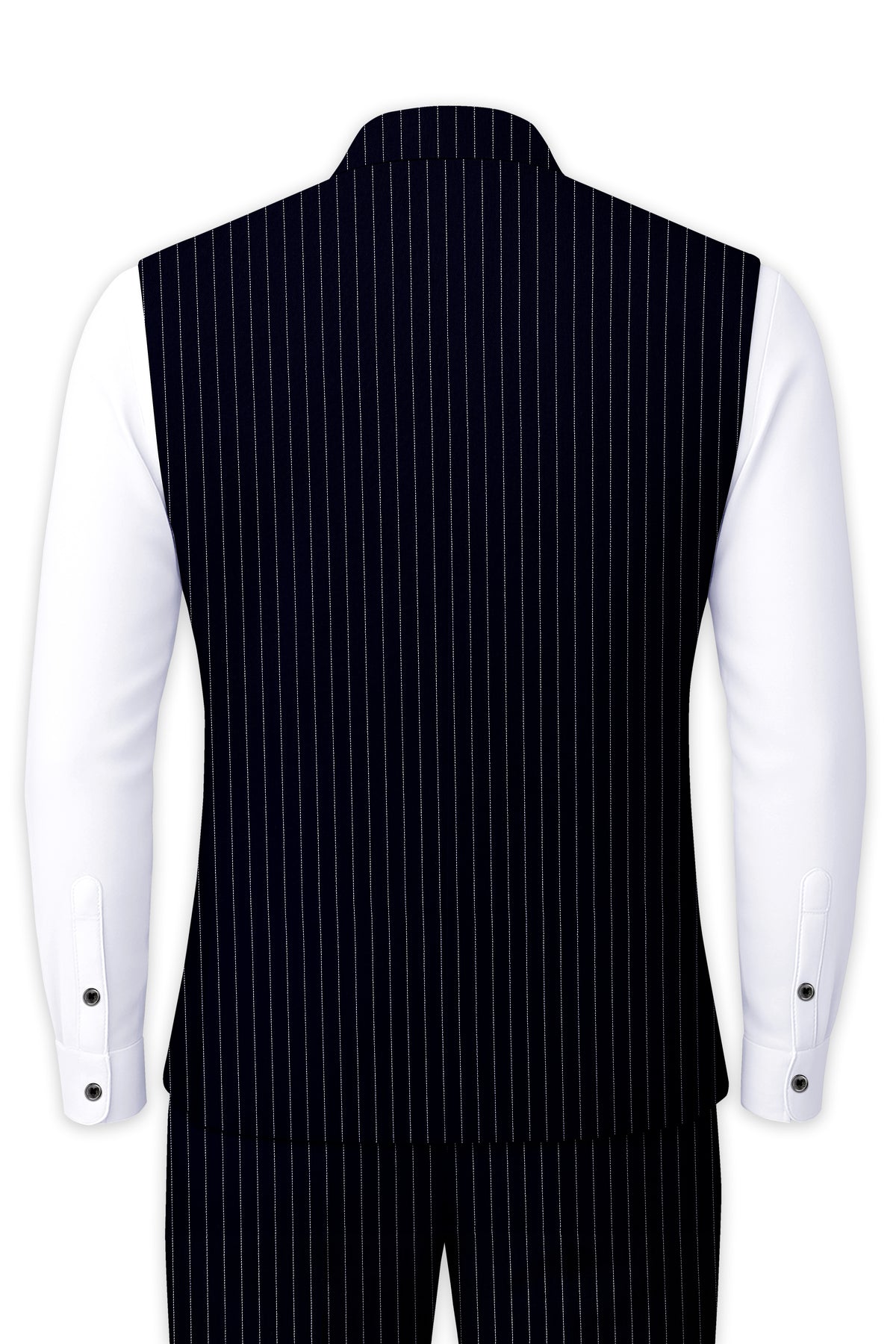 Windsor-Navy Blue Chalk Striped Wool Rich Wrinkle-Free Fluid Drape Fabric Nehru Jackets