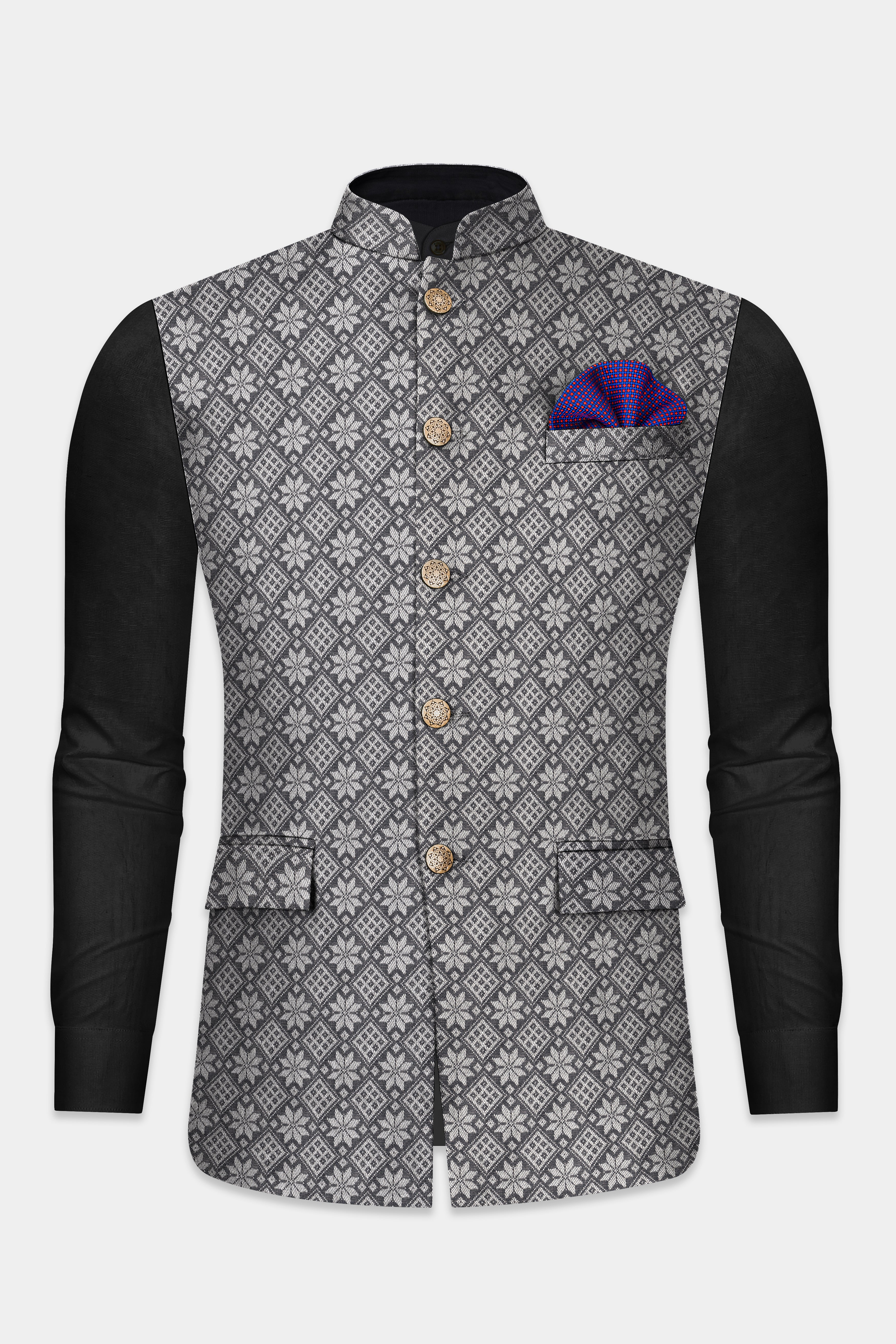 Ironside gray and Cement gray Floral Printed Nehru Jacket