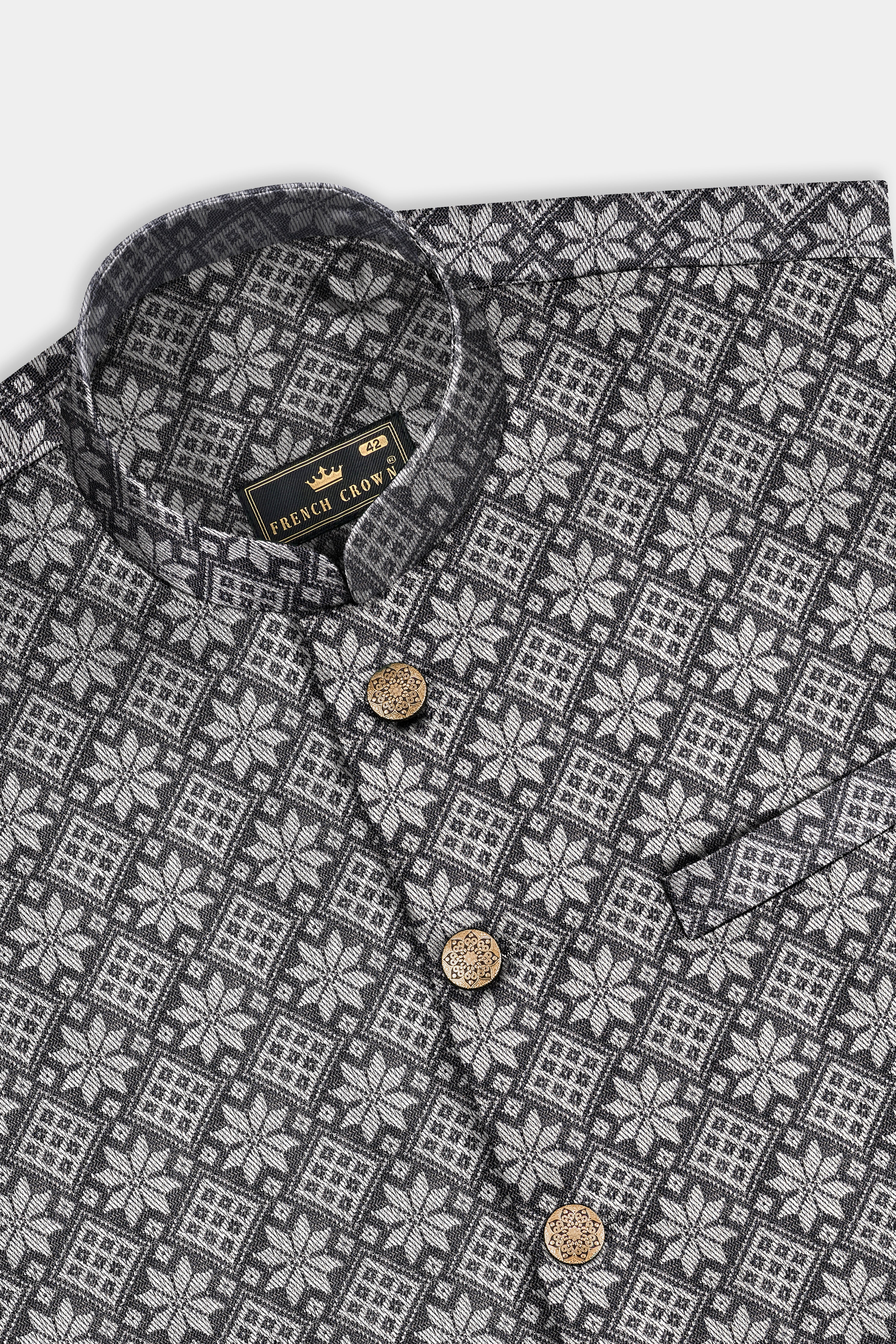 Ironside gray and Cement gray Floral Printed Nehru Jacket