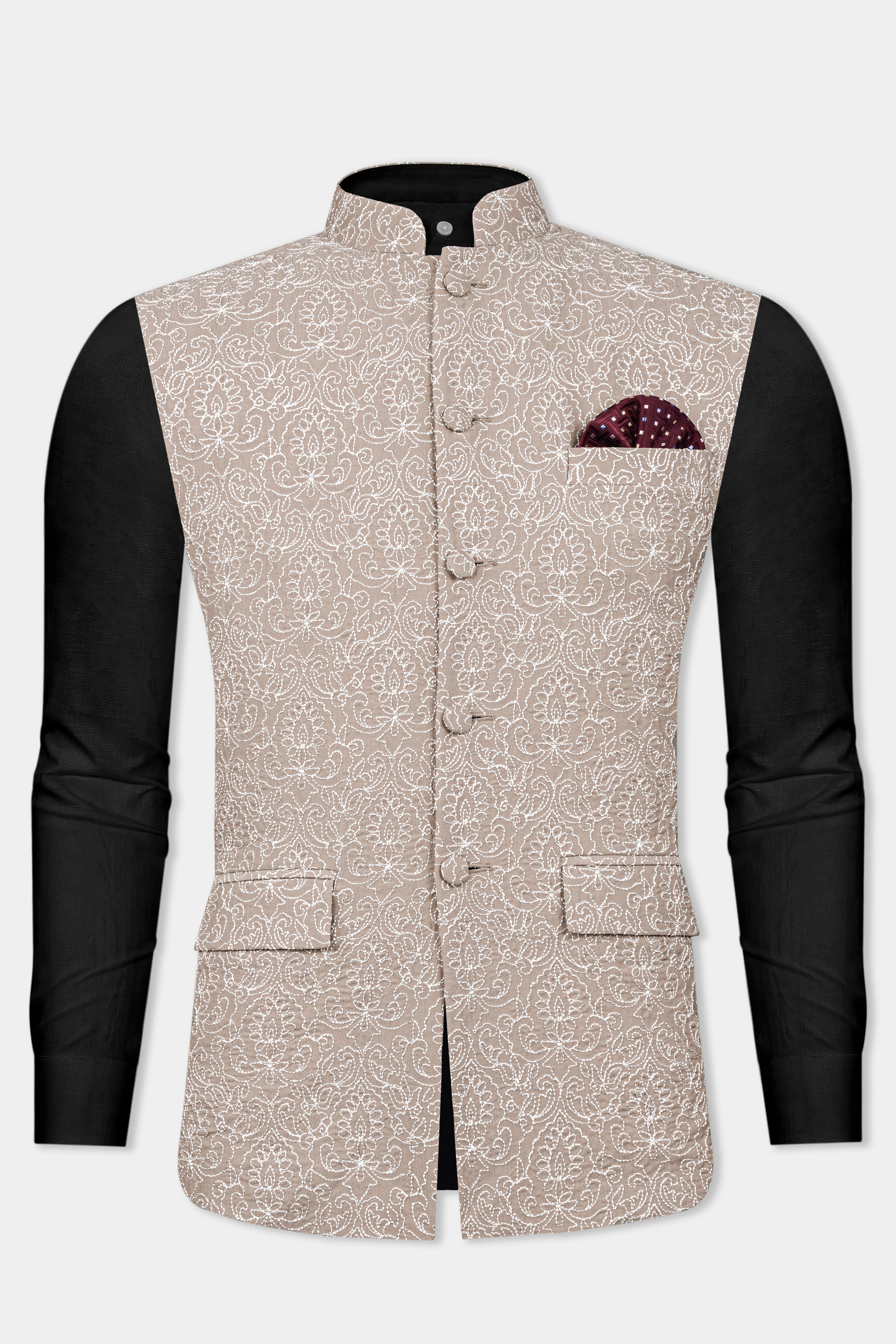 Dawn Brown Floral Cotton Thread Embroidered Viscose Designer Viscose Nehru Jacket