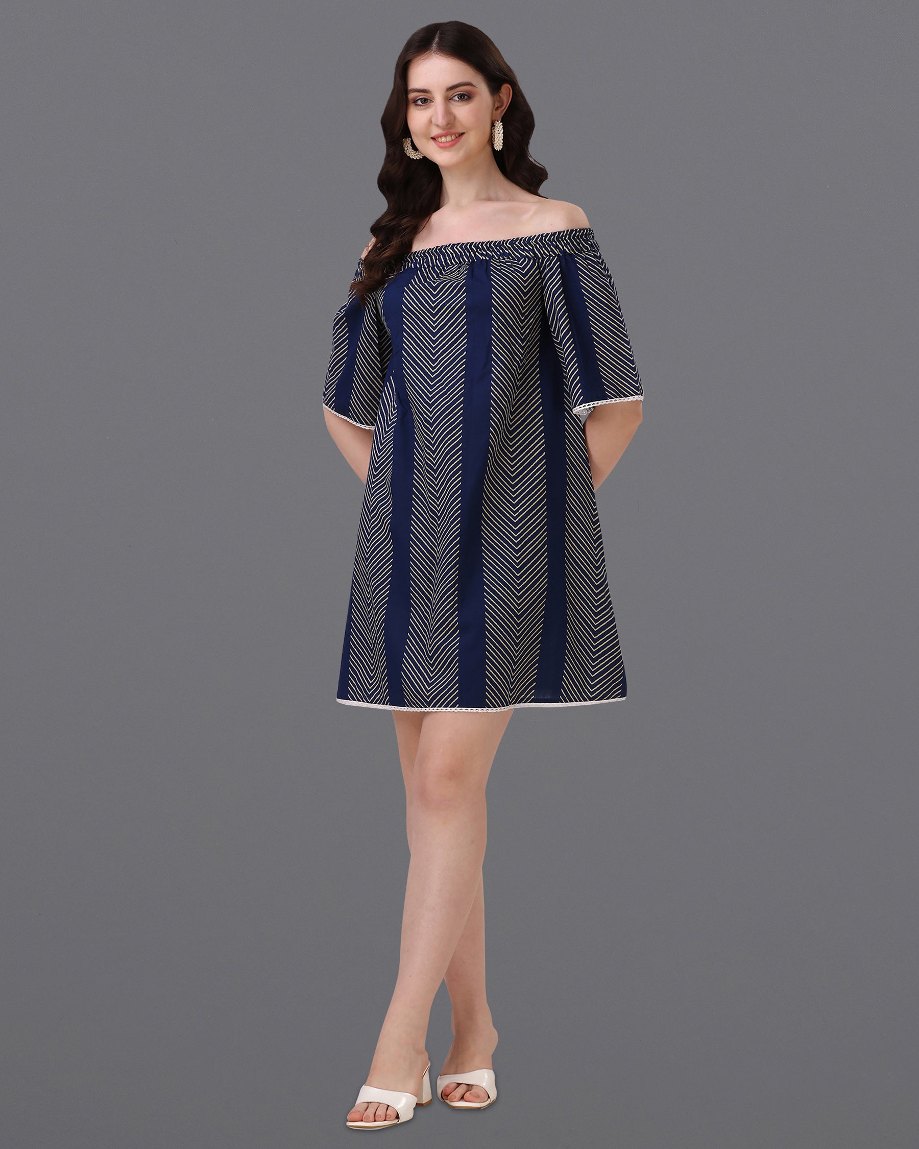 Ebony Clay Blue and Almond Geometric Print Super Soft Premium Cotton Off-shoulder Dress WD045-32, WD045-34, WD045-36, WD045-38, WD045-40, WD045-42