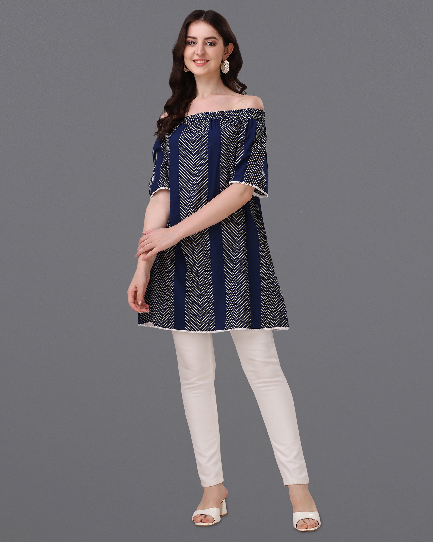 Ebony Clay Blue and Almond Geometric Print Super Soft Premium Cotton Off-shoulder Dress WD045-32, WD045-34, WD045-36, WD045-38, WD045-40, WD045-42