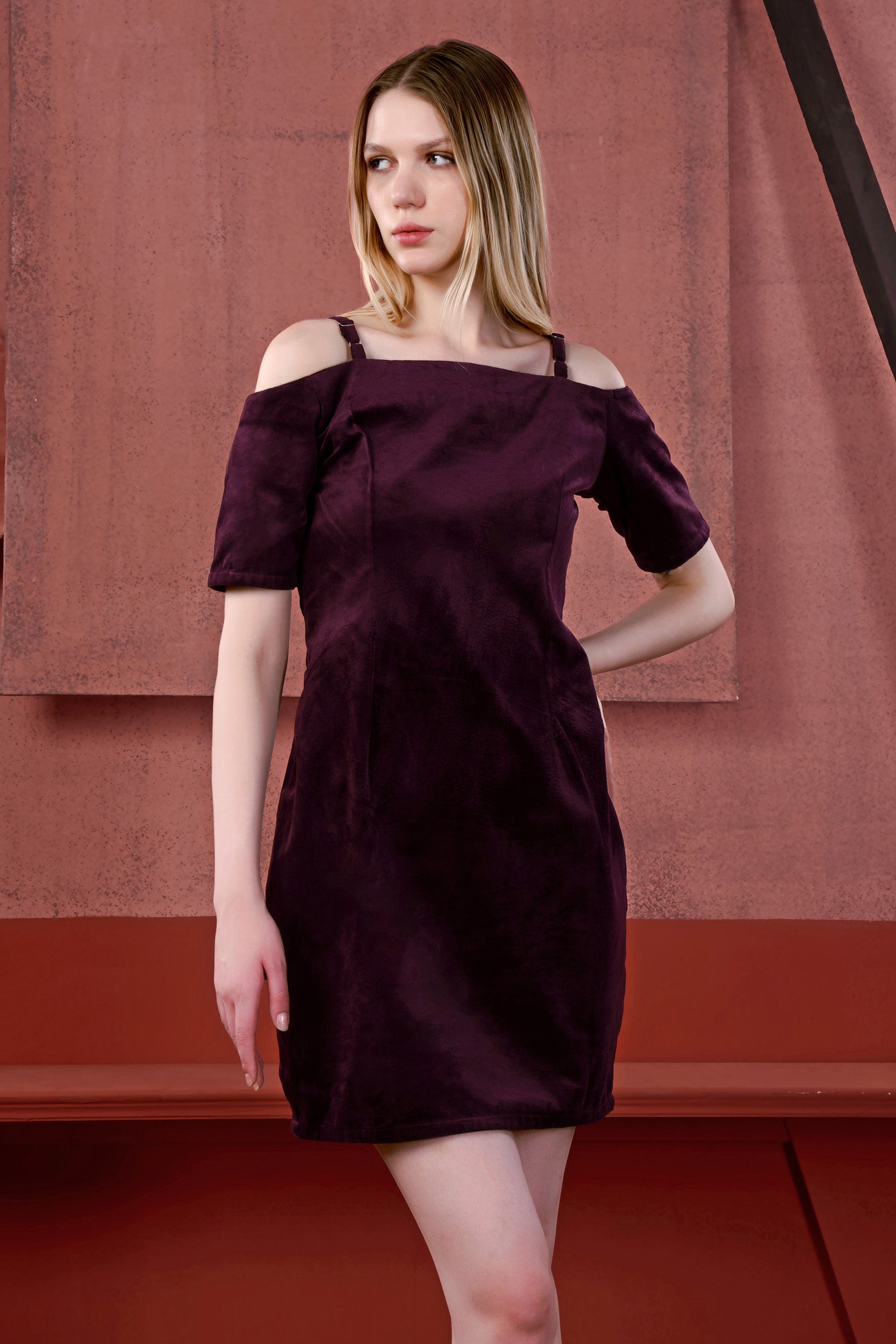 Asphalt Maroon Velvet Short Dress