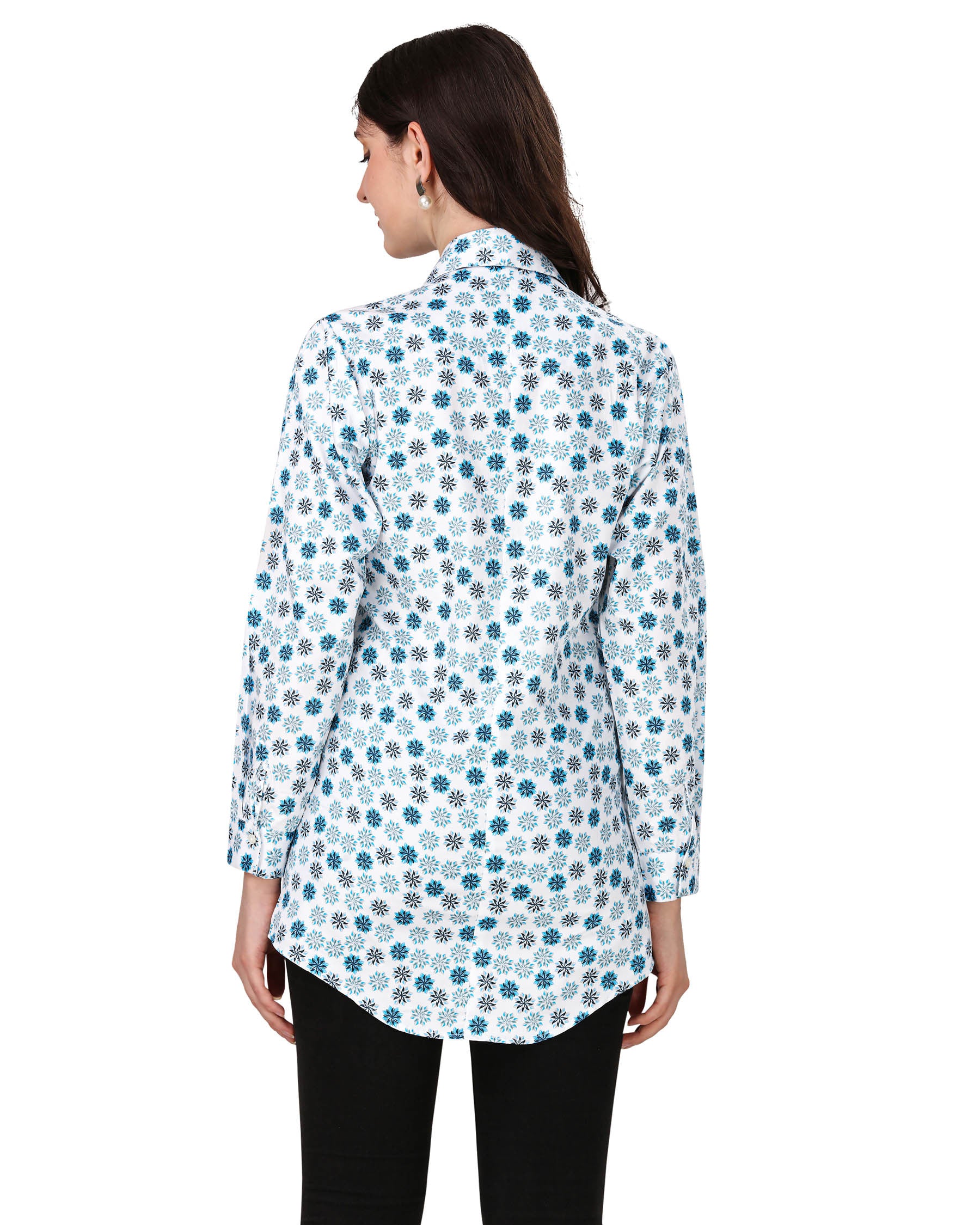 Bright White with Curious Blue Printed Super Soft Premium Cotton Women’s Shirt