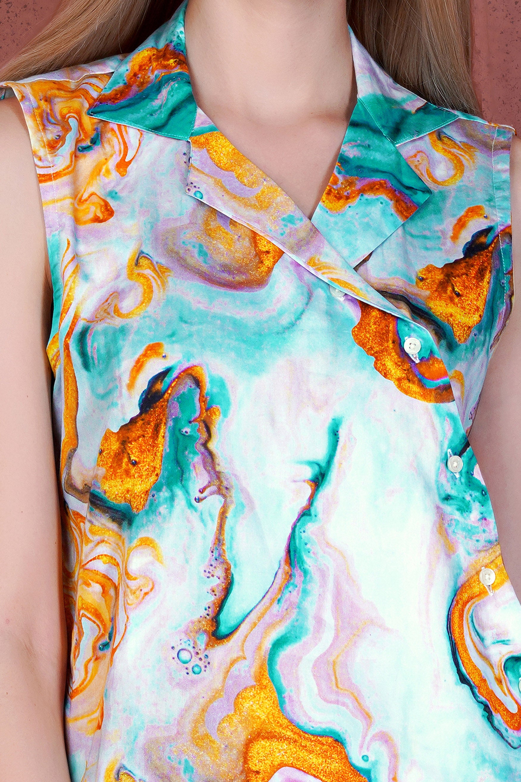 Bright White and Cerulean Blue Marble Printed Premium Cotton Designer Shirt