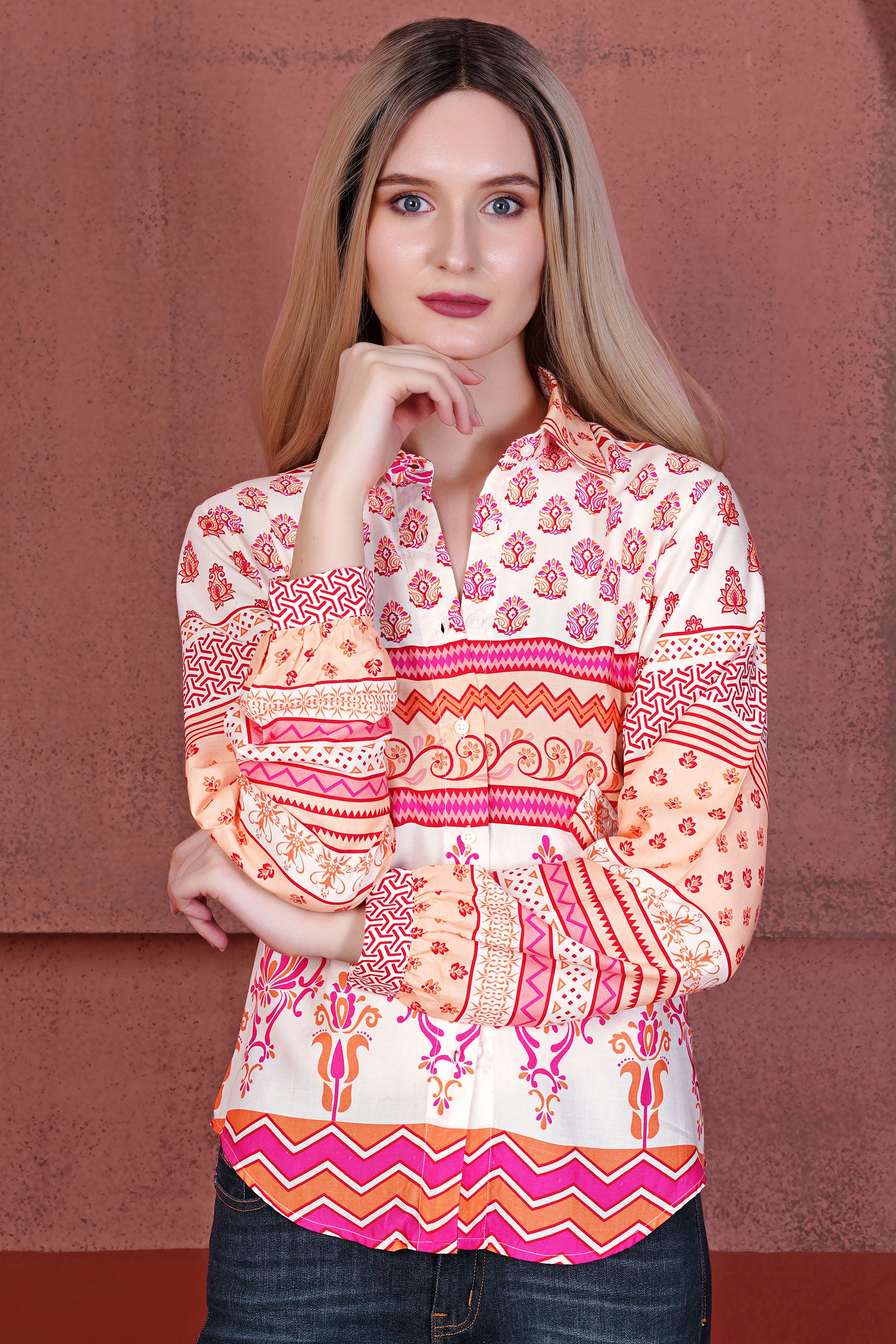 Dawn Cream and Cerise Pink Multicolour Floral and Geometric Printed Premium Tencel Designer Shirt