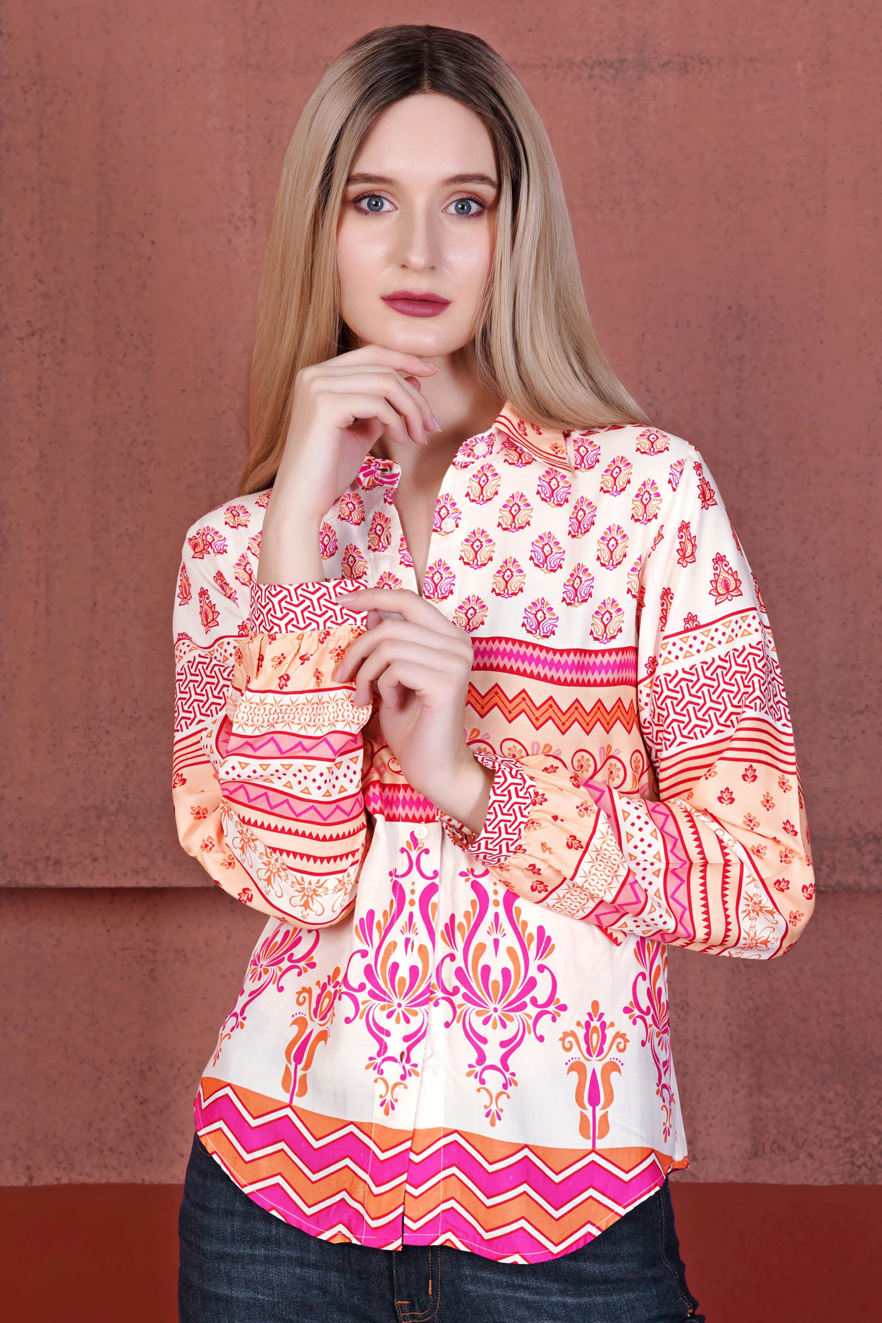 Dawn Cream and Cerise Pink Multicolour Floral and Geometric Printed Premium Tencel Designer Shirt